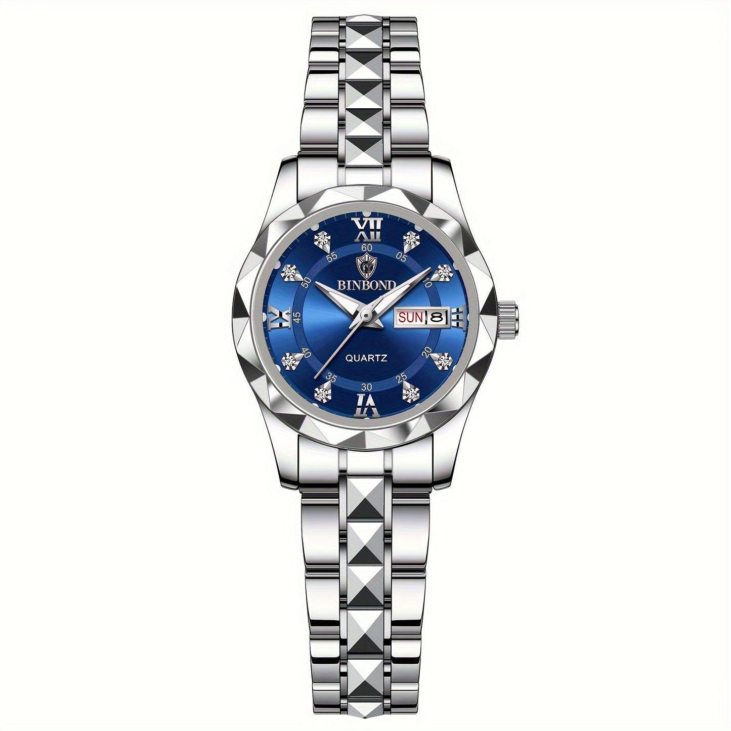 BINBOND Women's Light Luxury Quartz Watch with Night Glow, Double Calendar, Stainless Steel Band & Blue Dial - Elegant Casual & Formal Watch for Casual Attire
