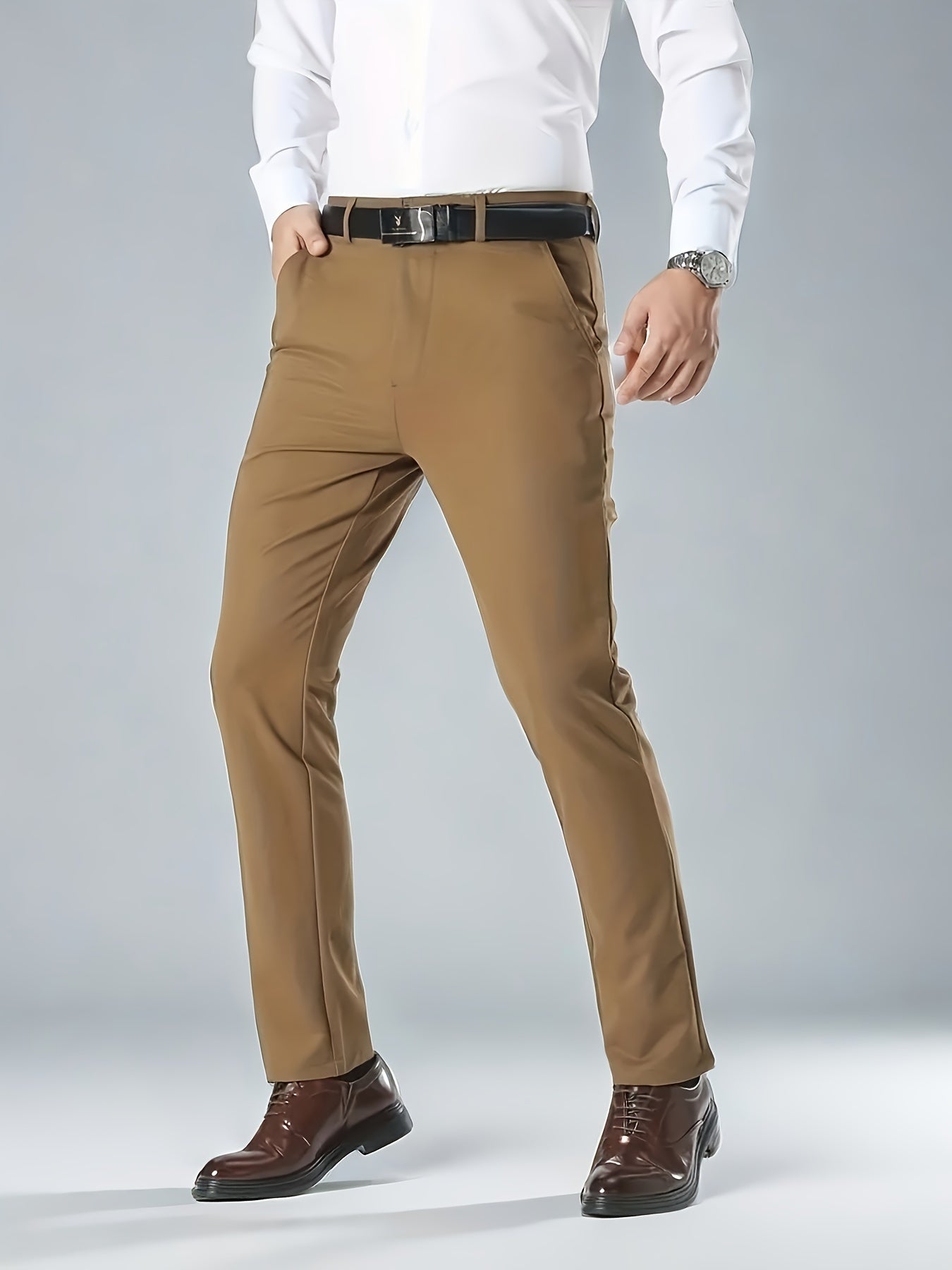 Men's Solid Color Business Casual Pants, Lightweight Business Style Versatile Trousers for Office