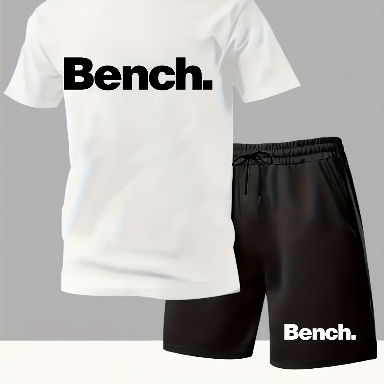 Summer Men'S Casual Sports Short Sleeve T-Shirt and Shorts Set, Knitted Polyester Fabric, Comfortable Breathable, Bench. Letter Print Design - 2pcs