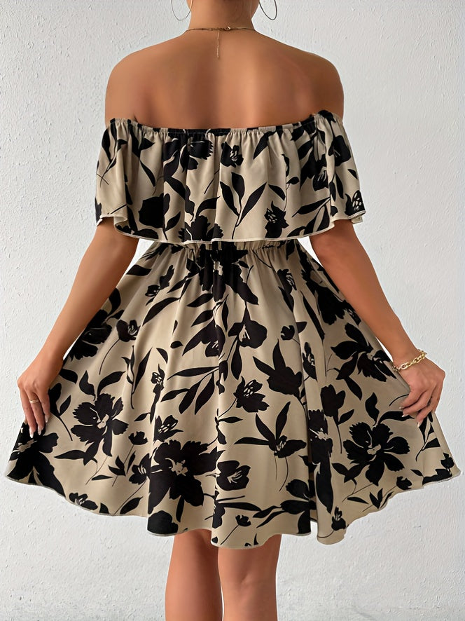 A Stylish Off-Shoulder Dress for Women, Featuring a Floral Pattern And a Ruffled Hem.