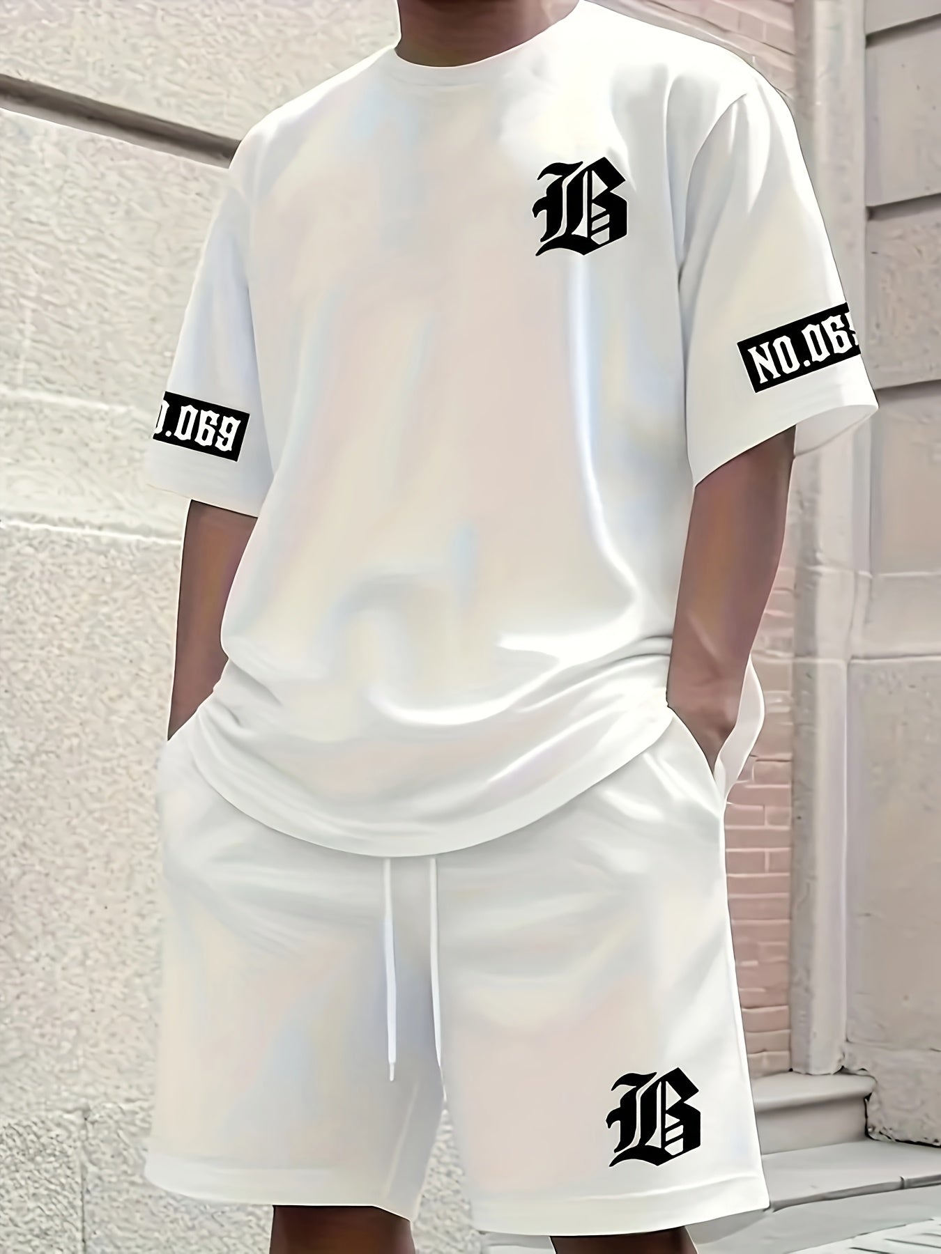 Men's Casual T-Shirt and Shorts Set with Bold "B" Print - Polyester Knit Fabric, Machine Washable, Summer Streetwear, Perfect for Outdoor Activities and Comfortable Leisure Wear