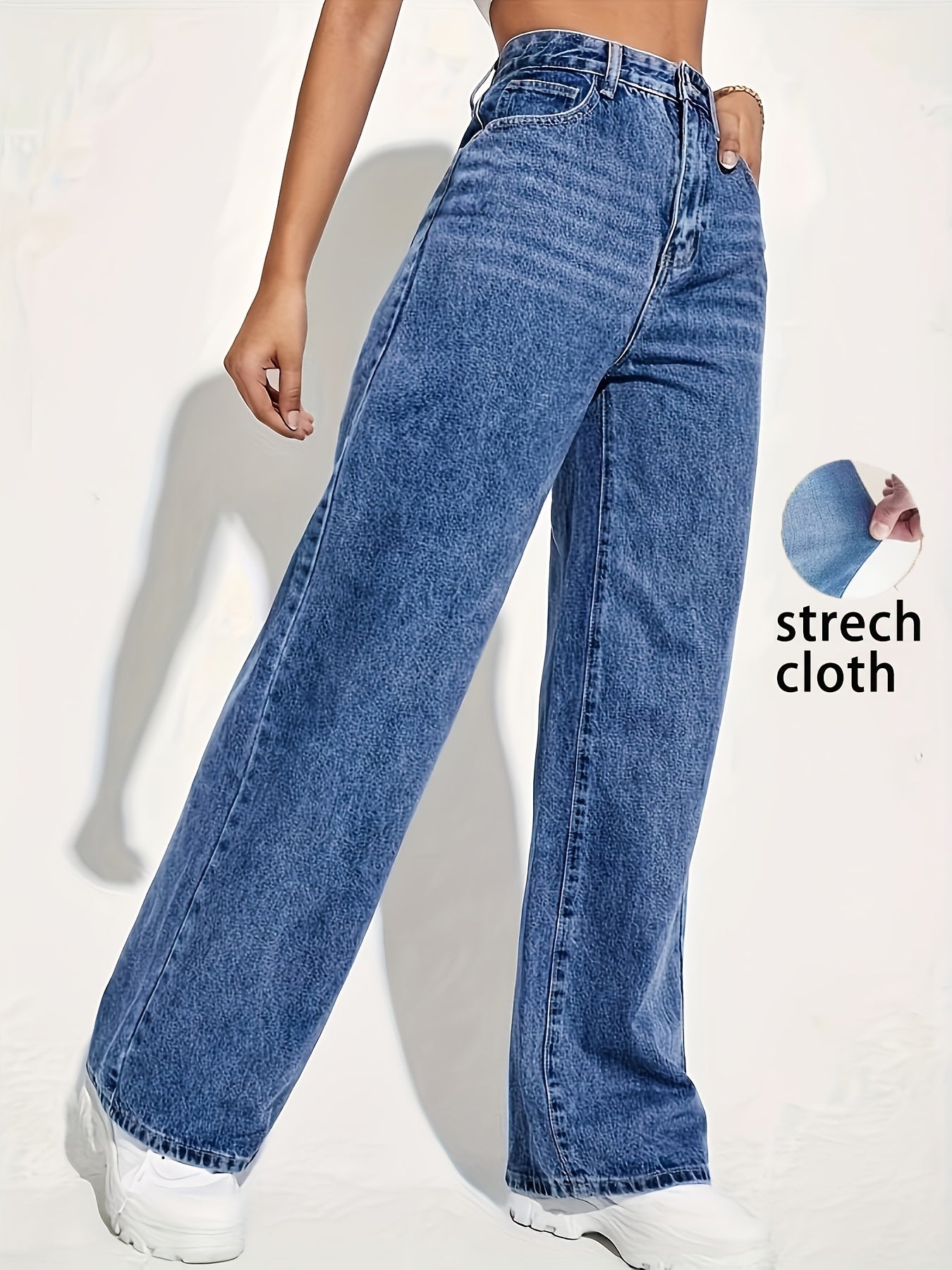 Women's Fashion Stretch Denim Long Pants, Casual Straight Leg Jeans with Zipper Fly, Viscose 68.00%, Polyester 25.00%, All-Season Solid Color Woven Trousers for Weekend Casual