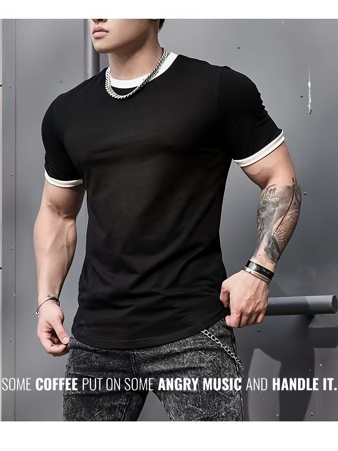 Men's Quick-Dry Athletic T-Shirt - High Elasticity, Breathable Polyester, Black with White Contrast Trim, Round Neck, Short Sleeves for Gym, Running & Basketball, Workout Clothing | Casual Sportswear | Polyester Fabric