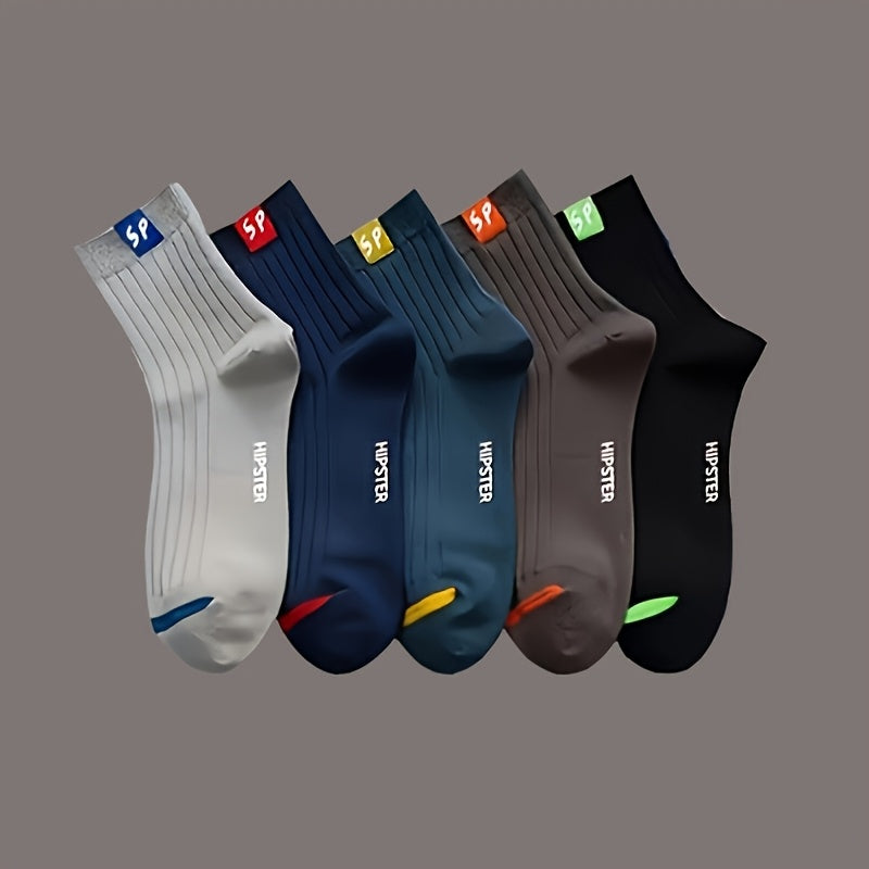5/10/15/20/30 Pairs SP Letter Graphic Unisex Crew Socks, Breathable Mid-Calf Sports Socks, Men'S Women'S Thin Socks for Outdoor and Home Wear, Polyester 95% Spandex 5% Knitted Hollow Out Letter Pattern Couple'S Ankle Socks