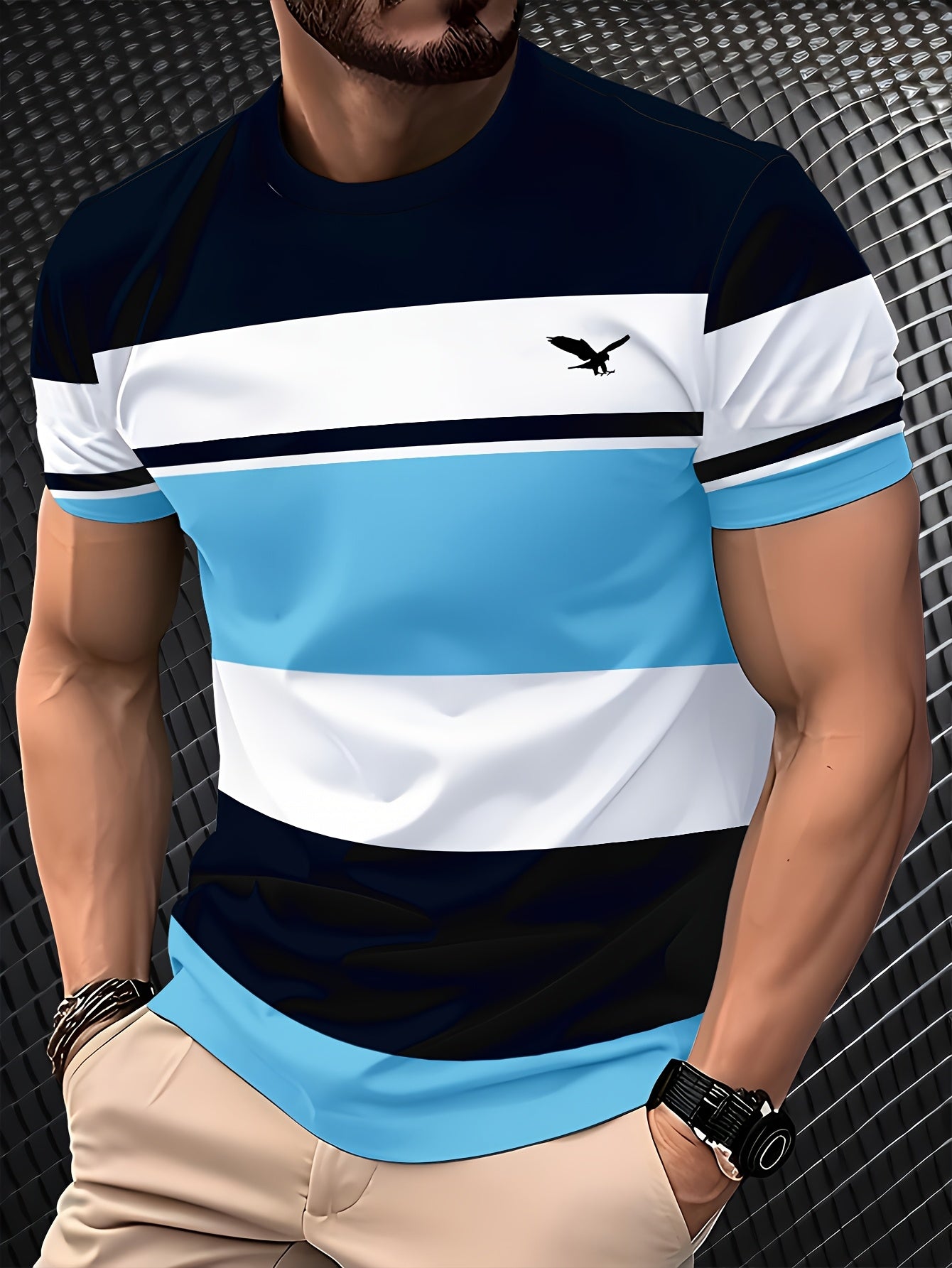 Men'S 3D Digital Print Short Sleeve T-Shirt - Breathable Round Neck, Non-See-Through, Lightweight Comfortable, Casual Style with Eagle Logo, Perfect for All Seasons, Versatile Clothing Stylish Graphic Tee Comfortable Fi