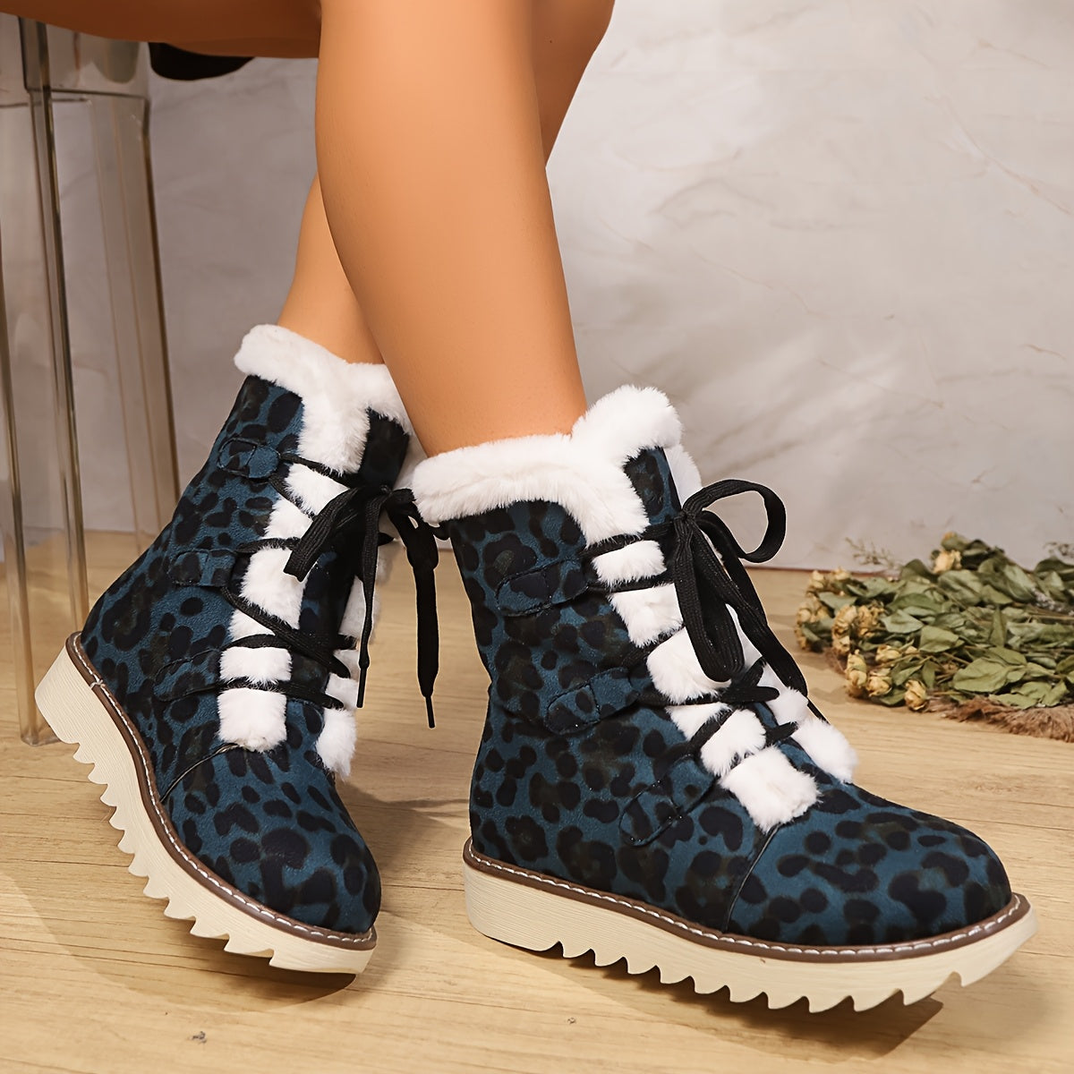 Women's Leopard Print Winter Boots with Flat Sole & Lace-Up Closure - Blue Round Toe Fabric Upper, Rubber Traction Outsole for Cold Weather Comfort, African-Inspired Fashion Footwear, Cold Weather Gear, Comfortable Boots, War