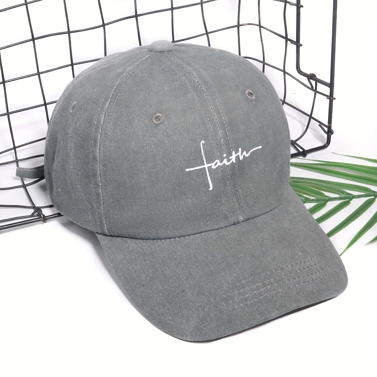 Vintage Street Style Water Wash Denim Polyester Baseball Cap, Faith Print, for Men, Women