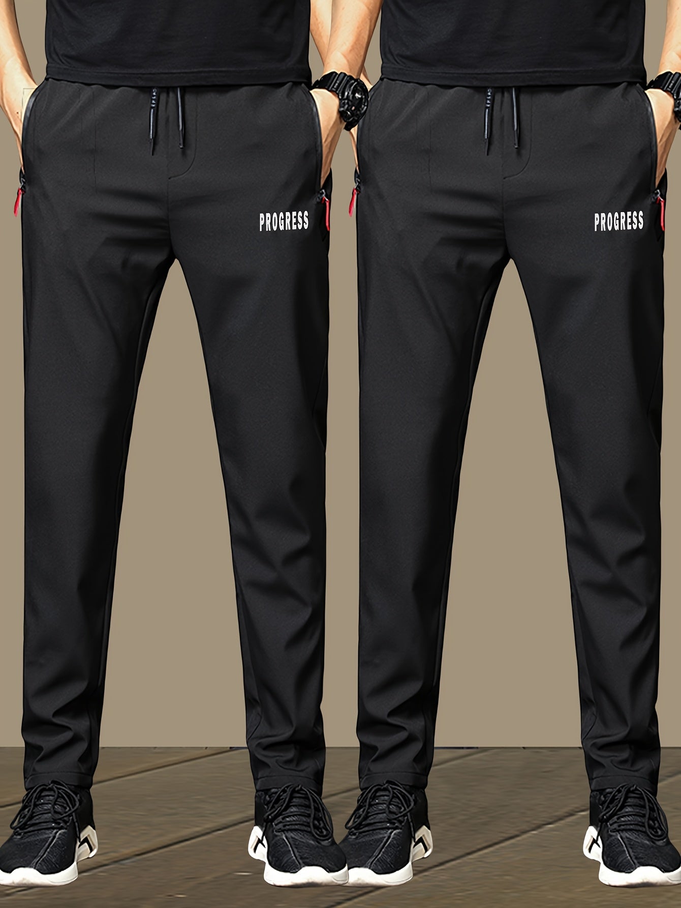2pcs Men's Lightweight Joggers - Quick-Dry Breathable Polyester, Stylish "PRINCESS" Print with Drawstring Waist & Zipper Pockets, Black Casual Sweatpants for Casual Attire, Adjustable Comfort Pants | Stylish Print Joggers | S