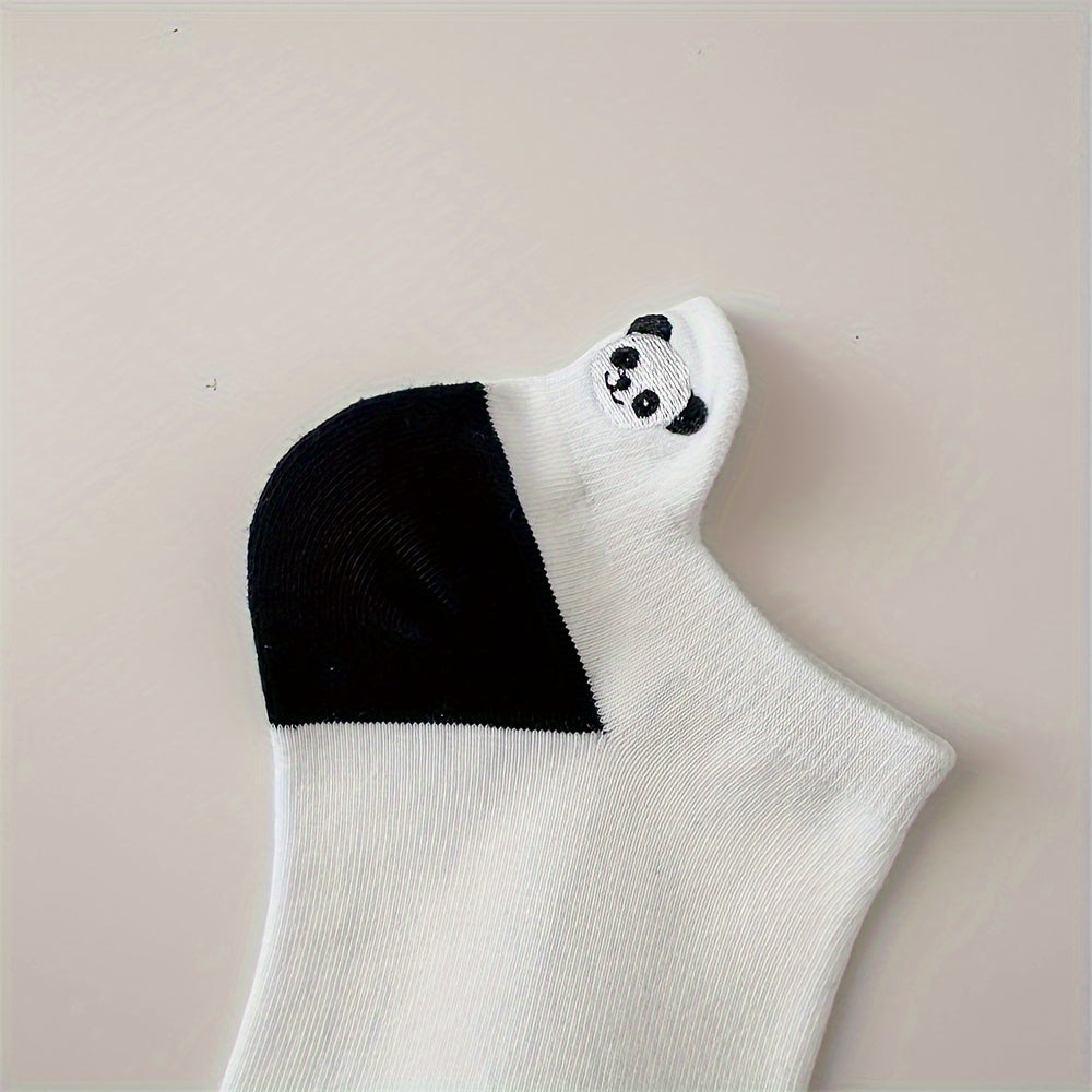 Women's Cotton Ankle-Length Socks 5-Pair Set with Panda Embroidery, Breathable Moisture-Wicking Knit, Anti-Odor, Seamless Toe, Stretch Spandex Blend - Size 200 Needle Count