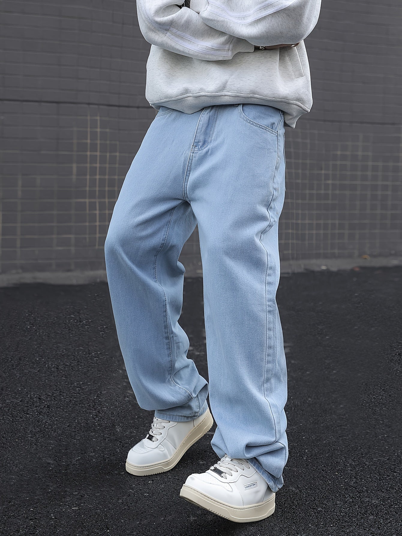 Men's Loose Solid Denim Pants With Pockets, Causal Cotton Blend Jeans For Outdoor Activities