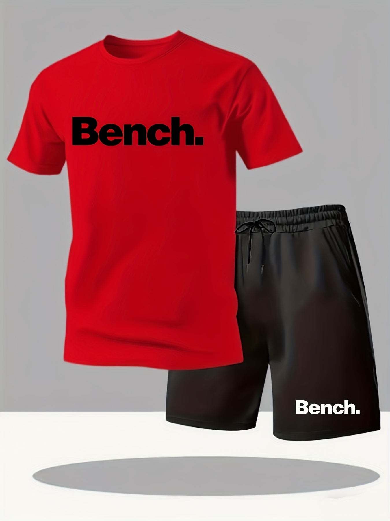 Summer Men'S Casual Sports Short Sleeve T-Shirt and Shorts Set, Knitted Polyester Fabric, Comfortable Breathable, Bench. Letter Print Design - 2pcs
