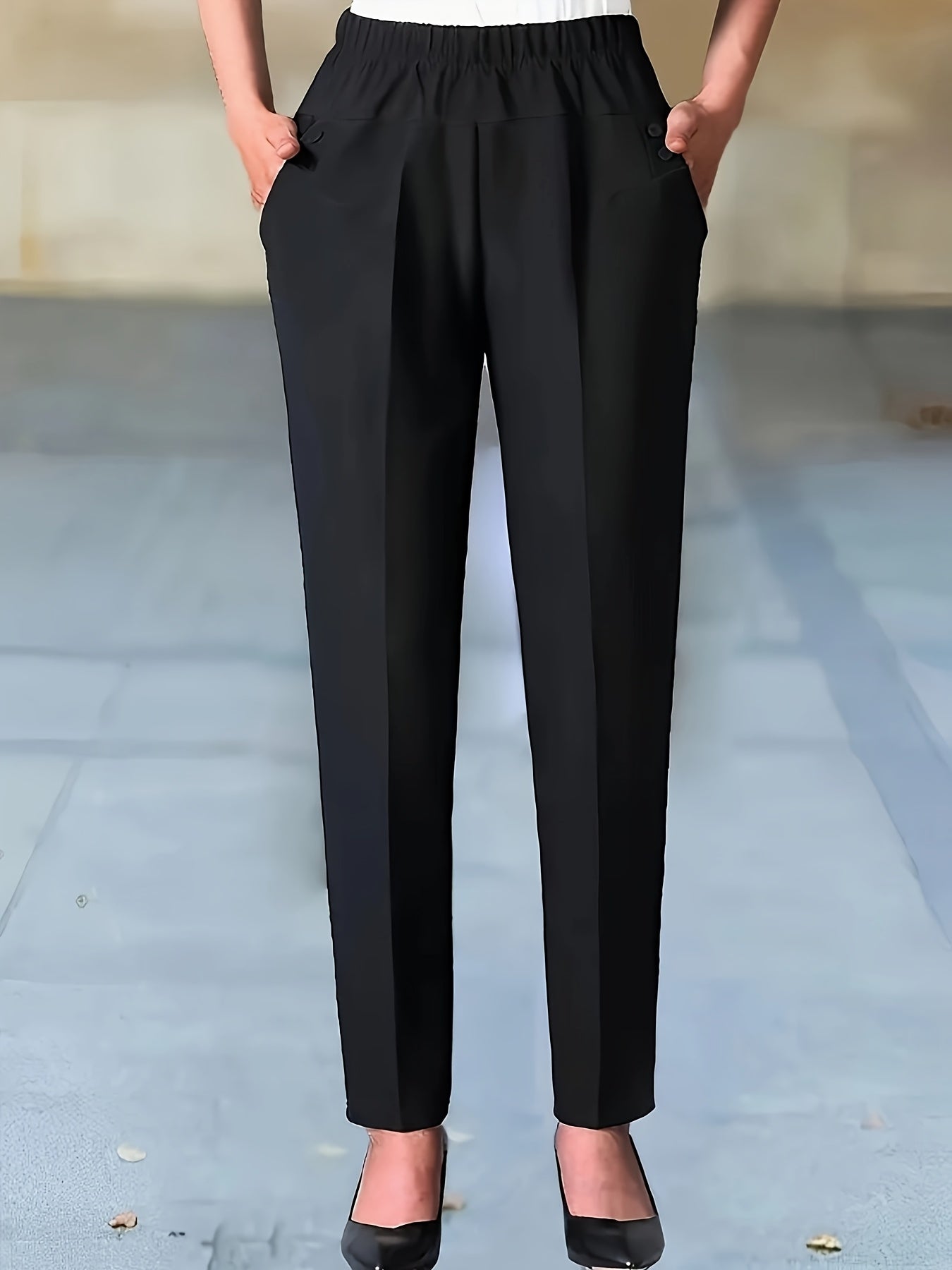 Women's Elegant High-Waist Tapered Pants with Slant Pockets, Versatile Elastic Waistband, Solid Black Color, Ideal for Office and Casual Wear, Office Wear Pants|Tapered Trousers|Glossy Finish