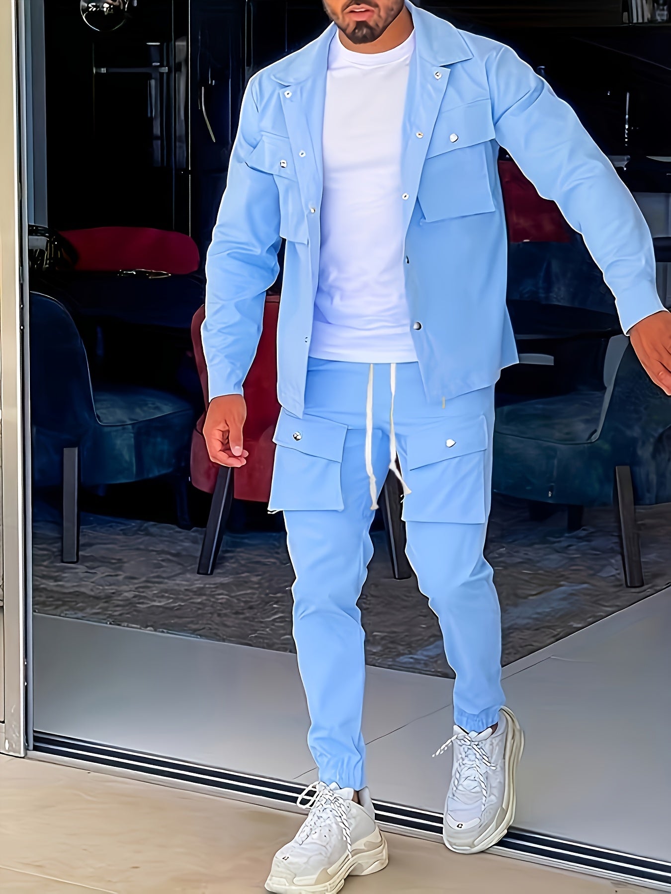 Men'S Casual Polyester Suit Set, Solid Color, Non-Stretch, Regular Fit, with Lapel Collar, Pocket Details, for Hiking, Daily Wear, and Special Occasions, Spring/Fall, Fall/Winter