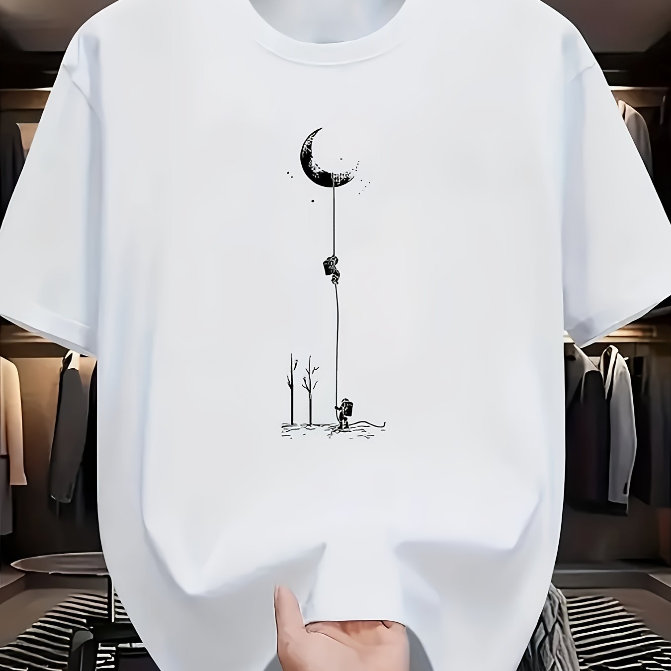 Men's Casual Graphic T-Shirt - Soft Polyester Blend, Crew Neck, Short Sleeve, Summer Style with Unique Moon and Figures Print, Lightweight and Comfortable for Casual Attire, Everyday Tshirt Artistic Design Shirt Lightweig