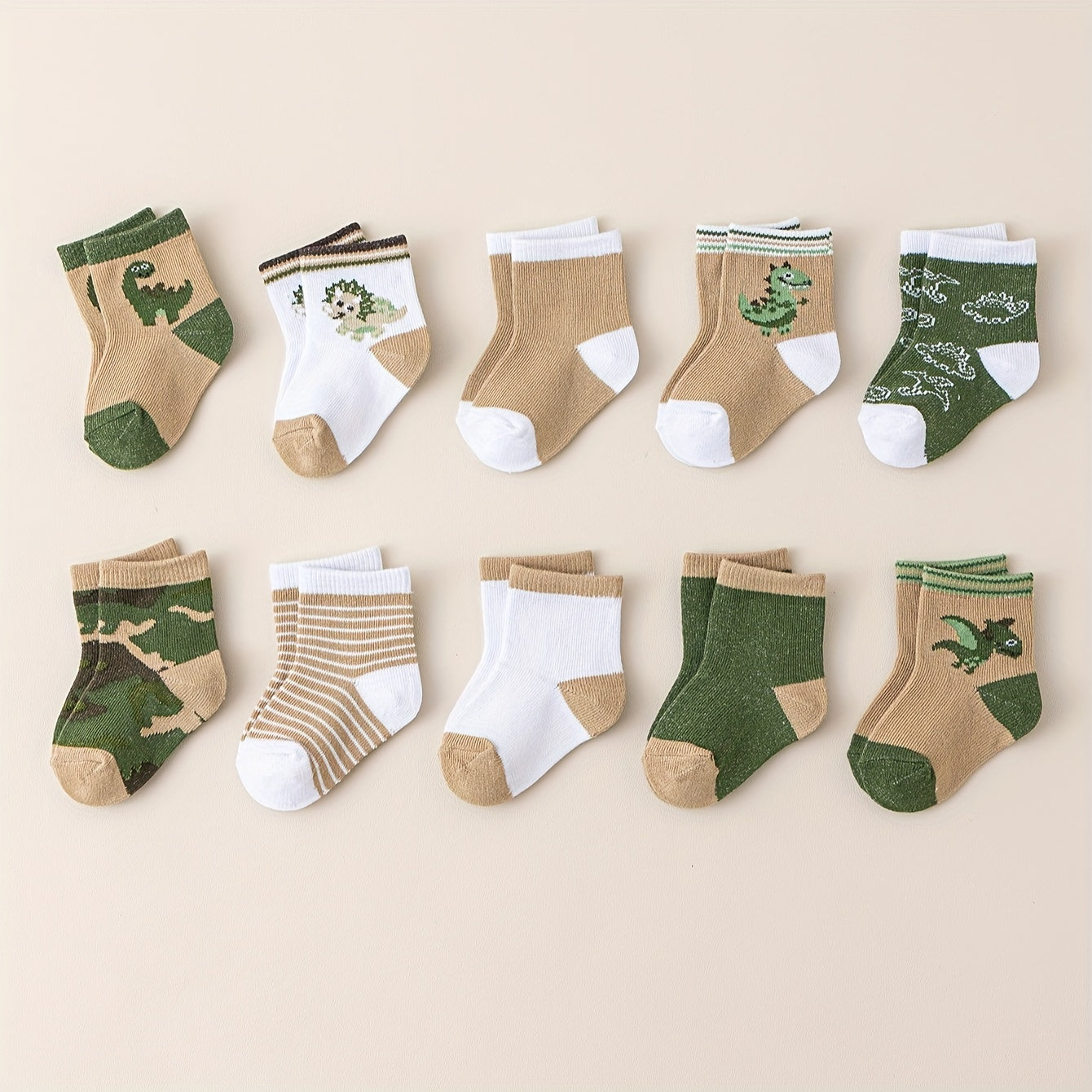 10 Pairs of Cute Baby Socks with Dinosaur Designs - Perfect for Little Boys - Machine Washable - Made of Polyester And Elastane - Suitable for Ages 0-12 - Seasonal - Socks - Knit Fabric