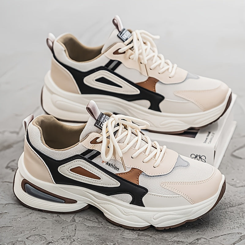 Men's Fashion Sneakers - White/Black/Brown PU Upper, Breathable Fabric Lining Cushioned EVA Insole, Durable PVC Sole, Lace-Up Mid-Top Design for All-Season Casual Daily Wear, High Top Sneakers, Versatile Footwear, Modern
