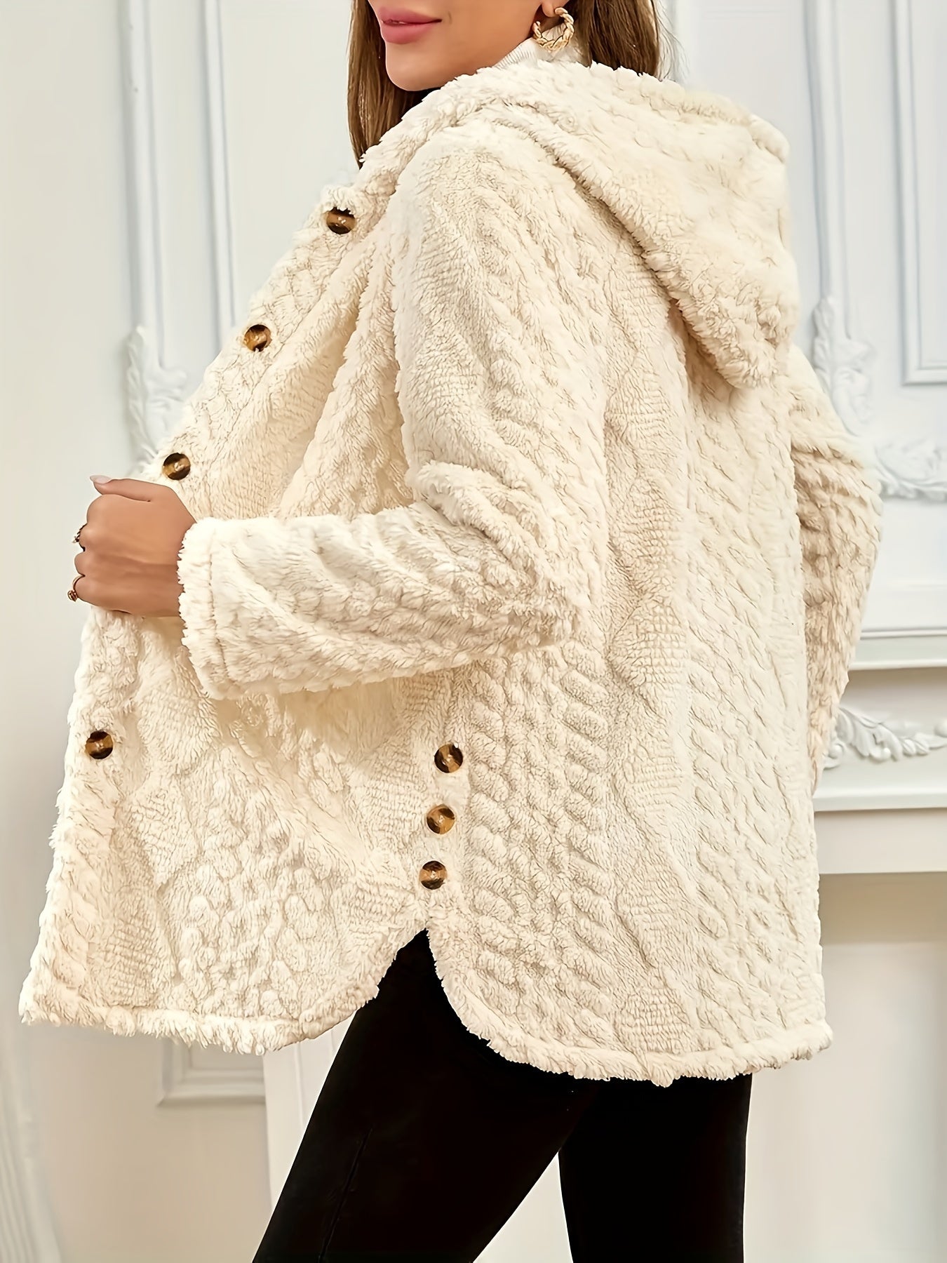 Elegant Pink Faux Fur Coat for Women - Chic Button-Front Hooded Jacket with Sleek Collar, Long Sleeves, and Ribbed Detailing - Perfect for Fall & Winter, Hand or Dry Clean Only