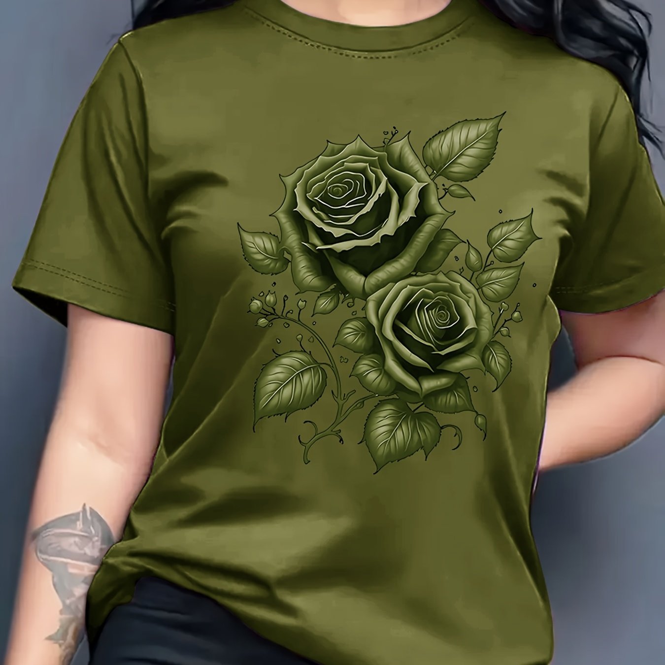 Women's Light Blue Yellow Rose Print T-Shirt - Short Sleeve Crew Neck Casual Top with Medium Stretch, Machine Washable & Breathable Fabric for All-Season Comfort, Relaxed Style, Graphic Tee, Stretchy Material, Printed Shirt,