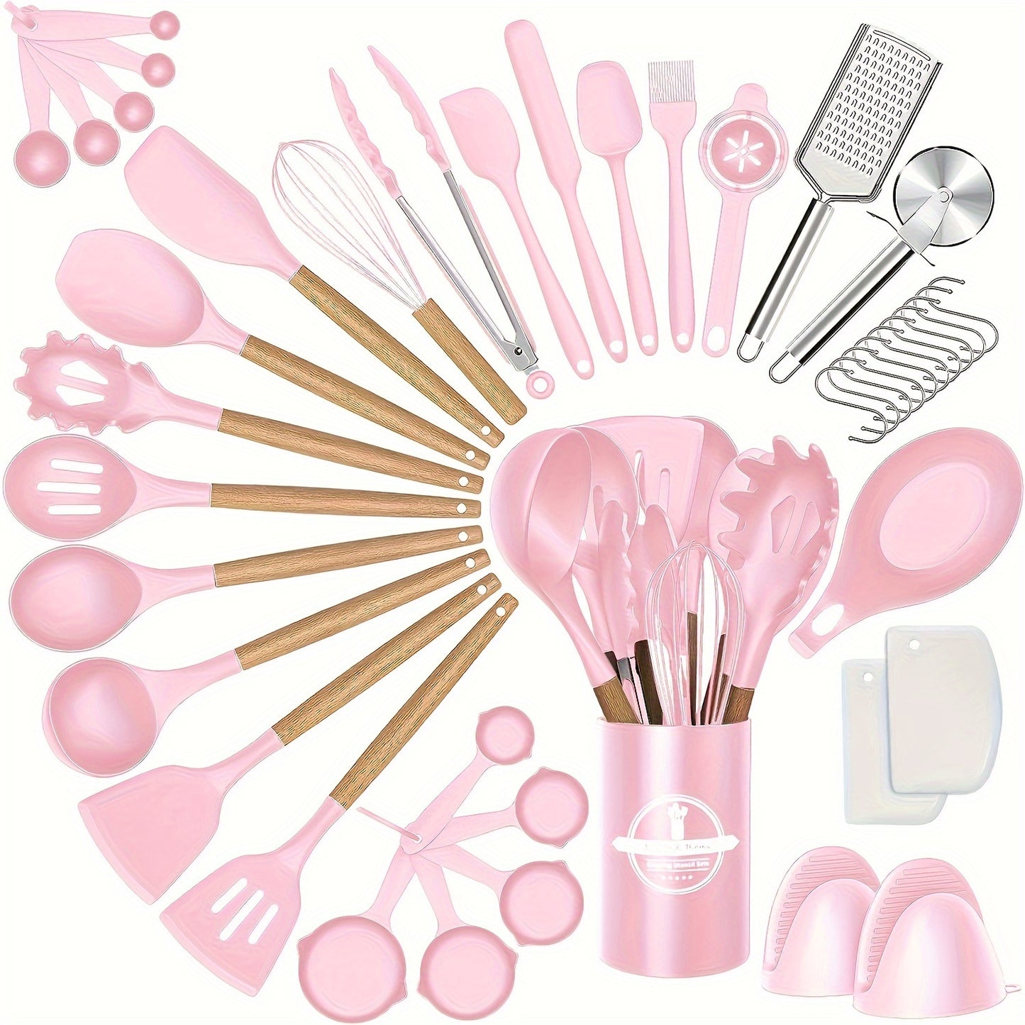 43pcs Non-Stick Cookware Storage Bucket with Wooden Handles, Silicone Kitchen Utensils, Easy-To-Clean Kitchen Tools, Spatula And Spoon Set.