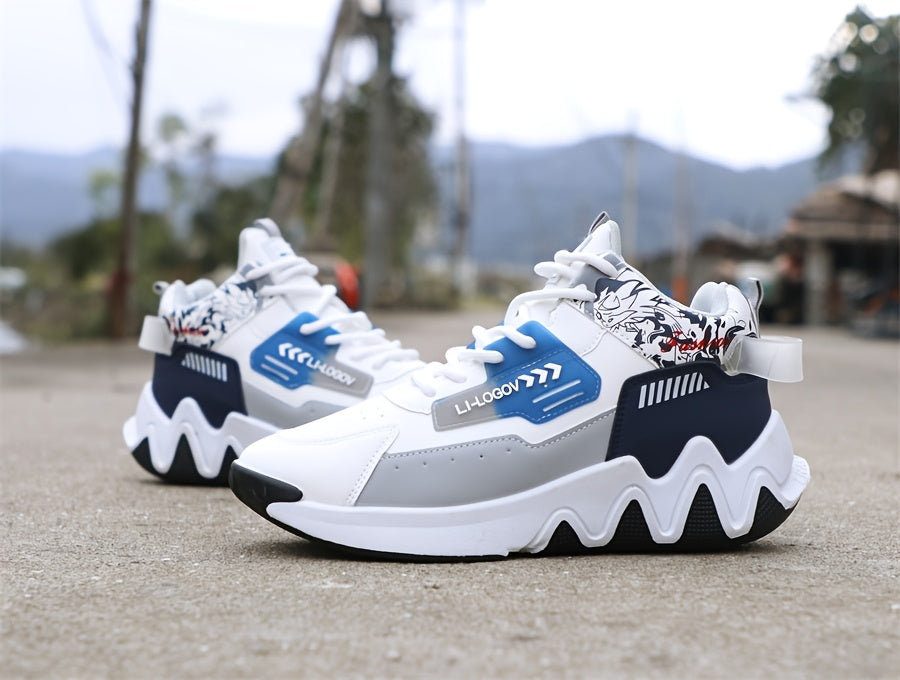 Men's High-Top Basketball Sneakers, Preppy Street Style, Solid Color with Cartoon Stripes, All-Season Lace-Up Sports Shoes, Faux Upper, Fabric Inner, Rubber Sole, for Running, Hiking Casual Wear, Outdoor Activities Shoes
