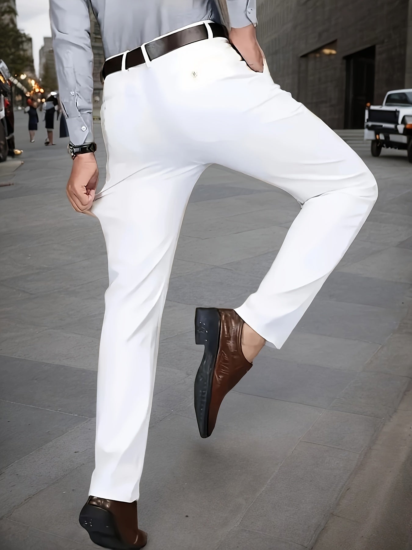 Men's Sleek Stretch Dress Pants - Solid Color Black, Comfort Fit with Subtle Stretch, Polyester Fabric, Mid-Rise, Machine Washable, Perfect for Business Casual & All-Season Wear, Business Casual Pants | Sleek Trousers | Easyc
