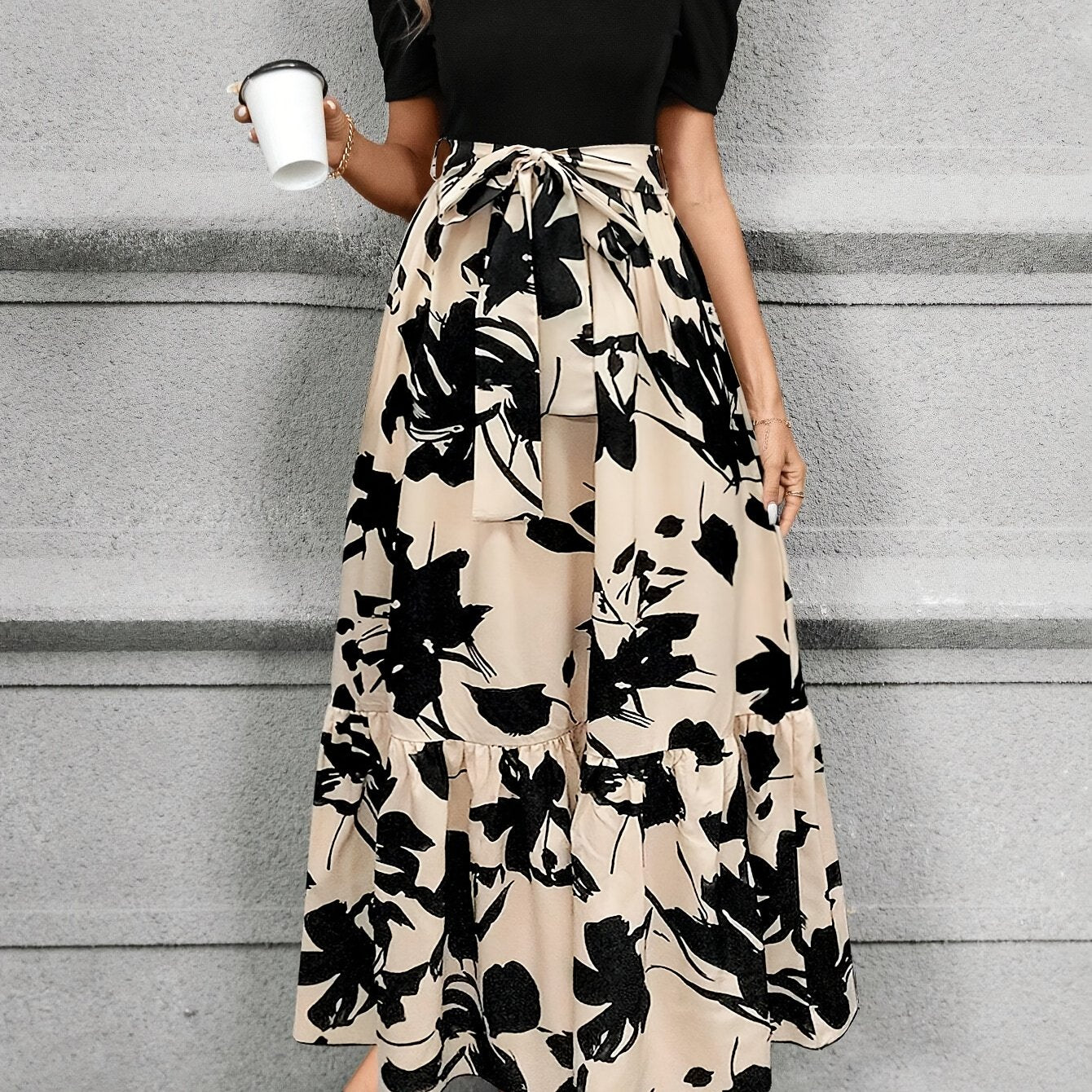 Print Midi Dress with Belt - Crew Neck, Short Sleeve, Non-Stretch Polyester - Machine Washable - Perfect for All Seasons