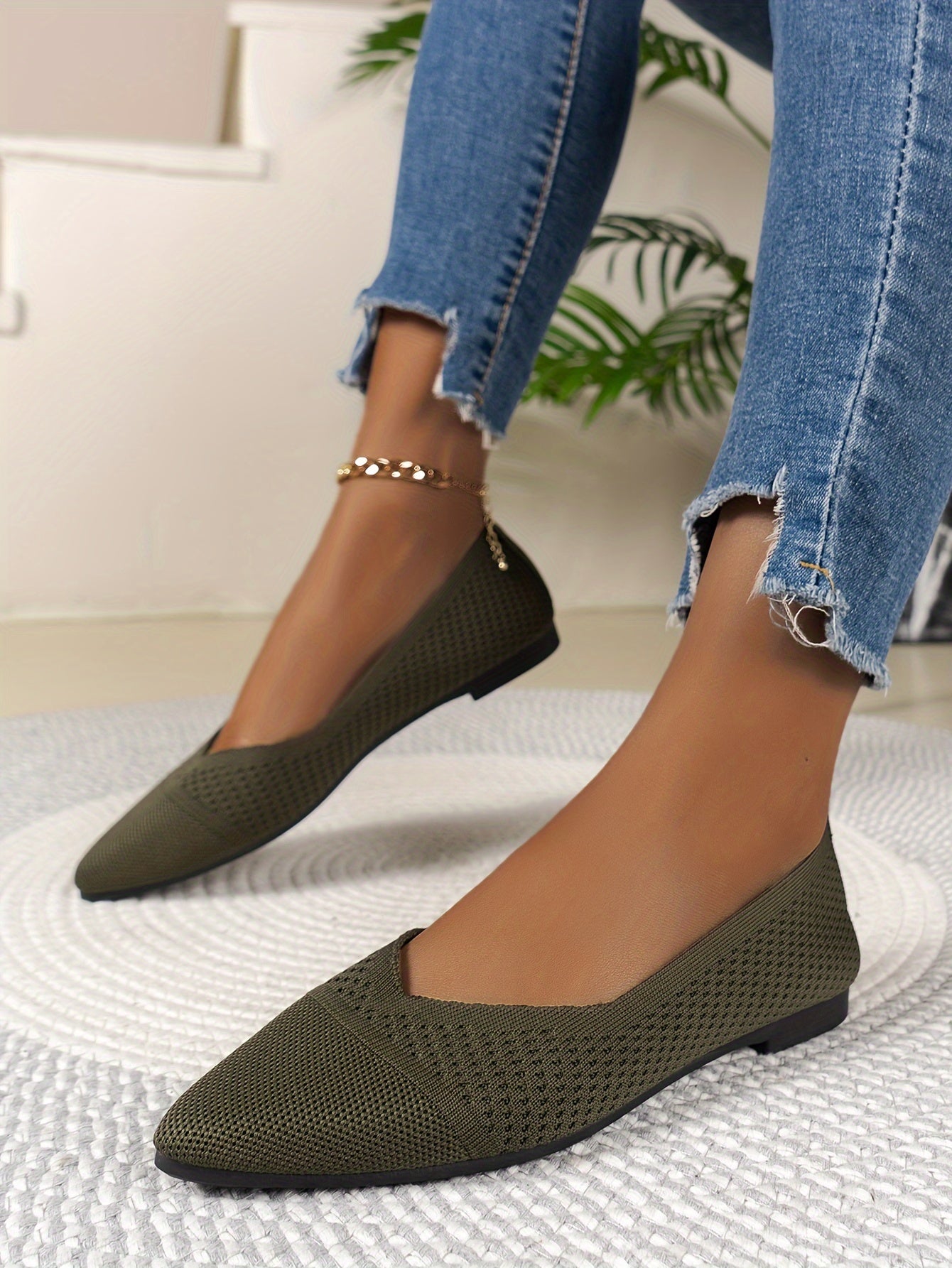 Women's Fashion Flat Shoes, Casual Pointed Toe Knit Flats, Breathable & Comfort Slip-On Ballet Shoes For Daily Wear