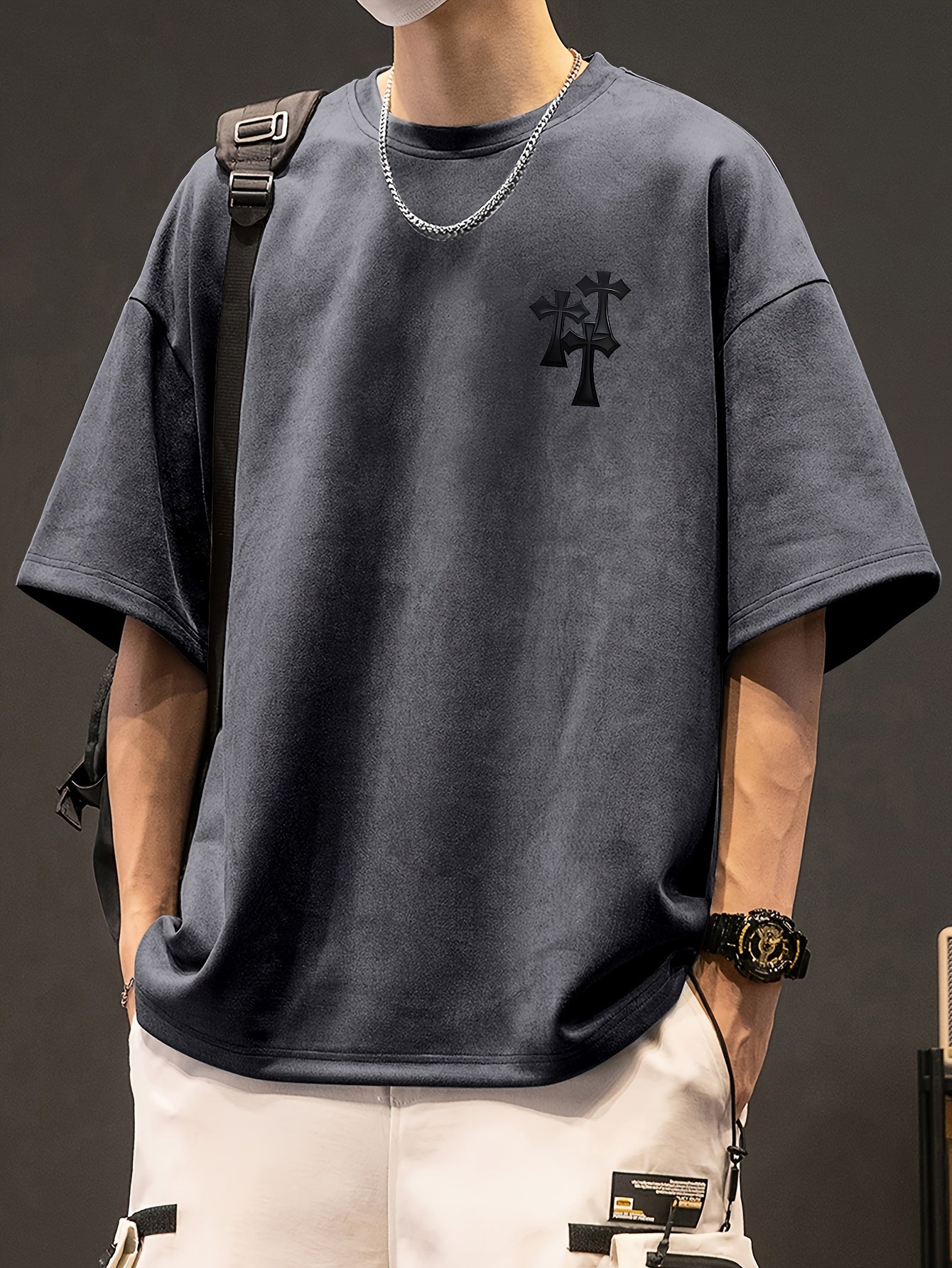Men's Casual Black Suedette Short-Sleeve T-Shirt with Print Cross Design - Soft, Loose Fit, Round Neck, Summer Tee for Adults, Summer Casual Wear | Casual Shirt | Faux Suedette Texture