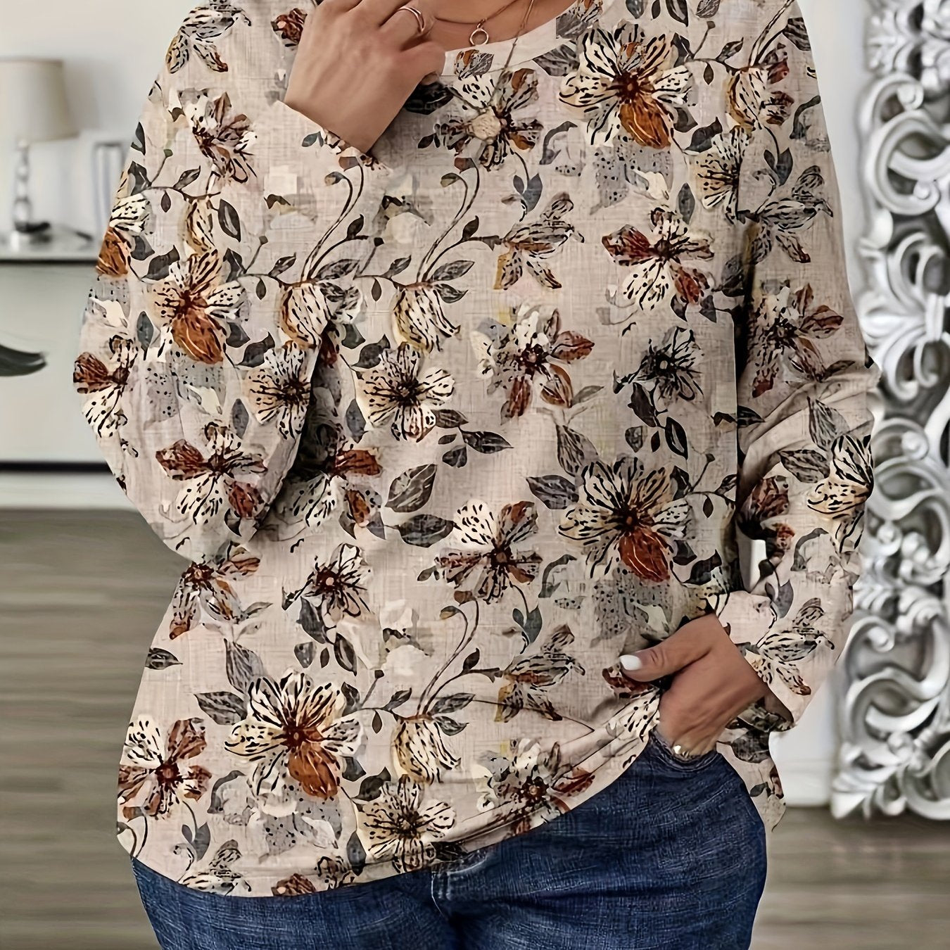 1pc Elegant Plus Size Floral Print Long Sleeve T-Shirt, Casual Crew Neck Polyester Top with Slight Stretch, All-Season Knit Fabric Blouse