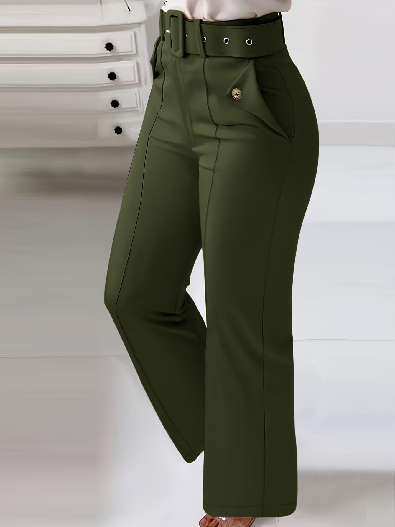 Women'S High-Waist Button-Detail Casual Straight Leg Pants, Solid Color, Polyester, with Belt, for All-Season Woven Trousers