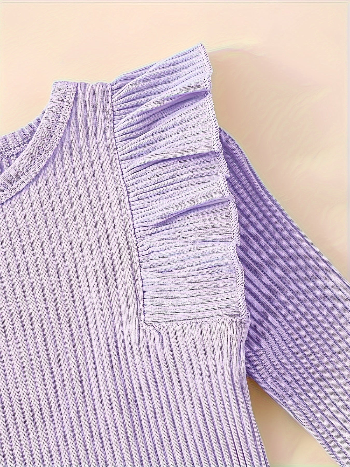 3pcs Baby Girl Outfit Set, Cute Ribbed Ruffle Long Sleeve Romper & Pants, 95% Cotton 5% Spandex, Crew Neck Pullovers, Solid Color, Regular Fit, No Belt, Fall/Winter Knit Fabric, 0-18 Months, for Outdoor
