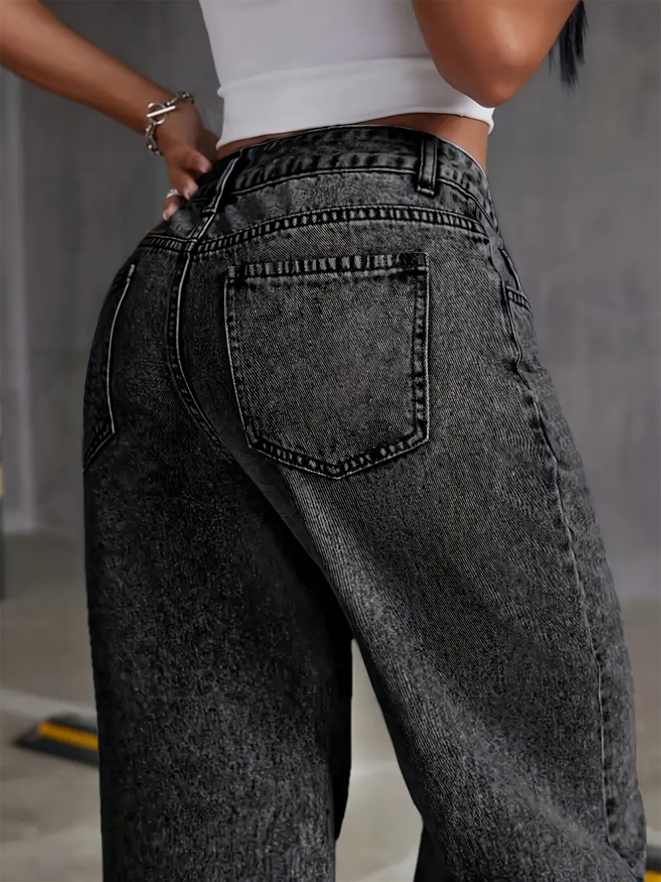 Women's High-Waisted Straight Leg Stretch Denim Jeans - Classic Comfort Fit, Snowflake Wash, All-Season Casual Wear, Black Distressed Denim with Raw Hem Detail, Casual Denim Wear | Classic Comfort Jeans | Cotton Jeans