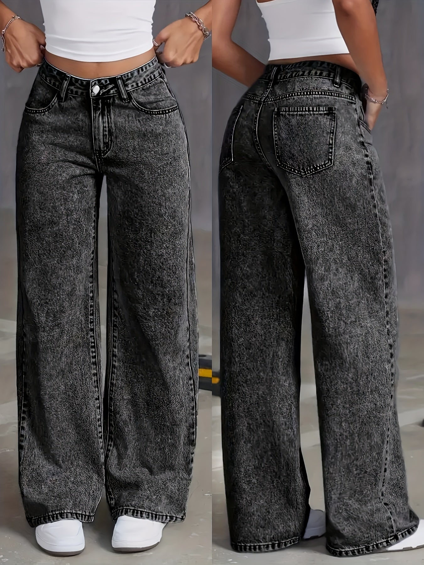 Women's High-Waisted Straight Leg Stretch Denim Jeans - Classic Comfort Fit, Snowflake Wash, All-Season Casual Wear, Black Distressed Denim with Raw Hem Detail, Casual Denim Wear | Classic Comfort Jeans | Cotton Jeans