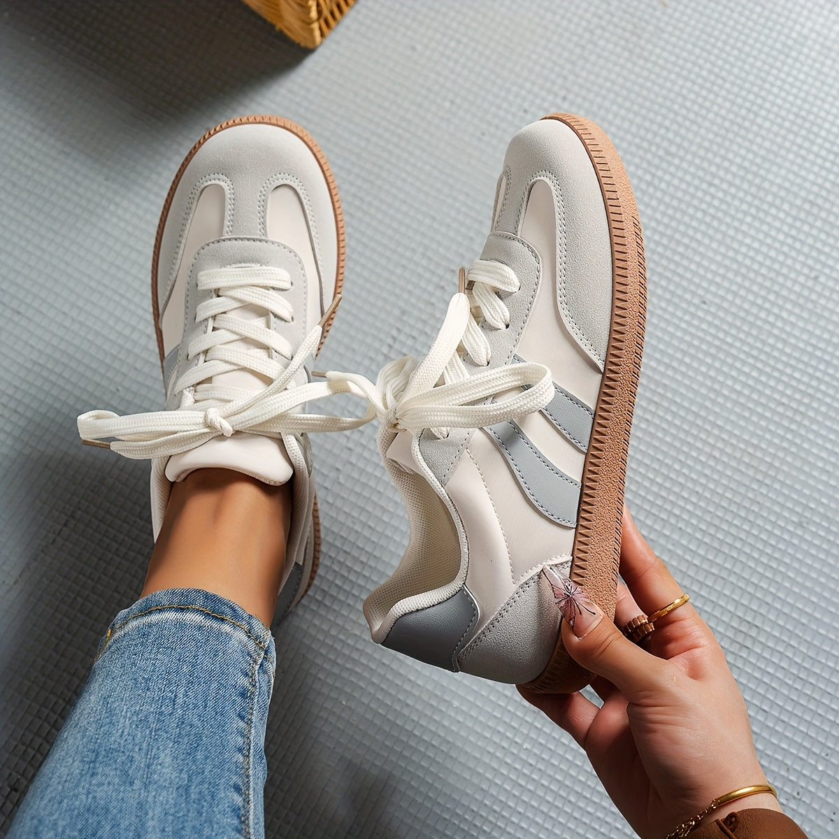 Women's Casual Low-Top Sneakers - Trendy Color Block Design, Light Gray with Navy Blue & Red Stripes, Comfortable Lace-Up Shoes for Casual Attire, Retro Style, Faux Cover Upper, PVC Sole, EVA Insole, Perfect for Spring and Fa