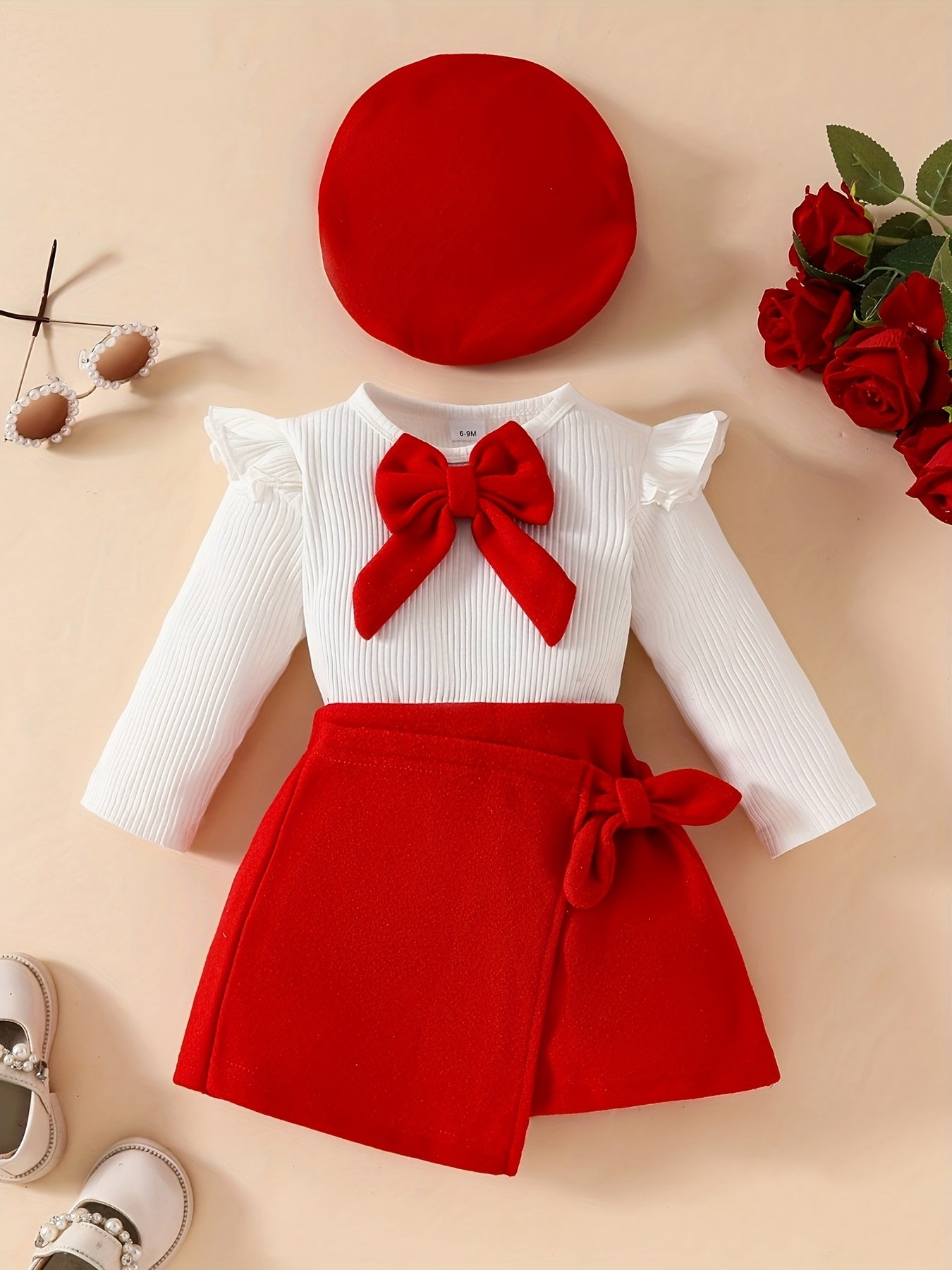 Honey Style Knitted Fabric Crew Neck Long Sleeve T-Shirt with Solid Color Flared Skirt and Beret Set for - Bow Detail Knee High Medium Stretch Fall/Winter Outfit