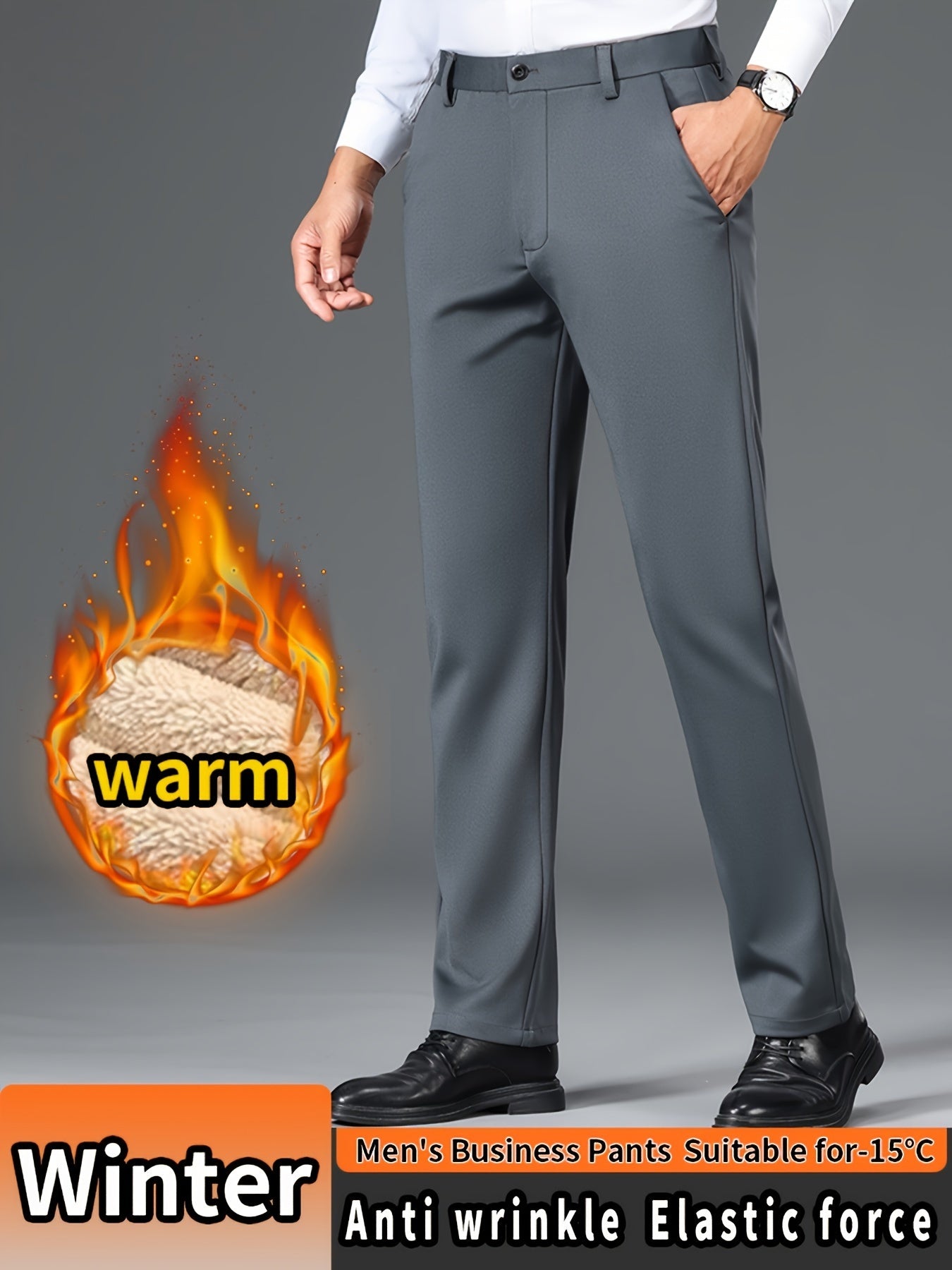 Men'S High Waist Solid Color Straight Leg Business Pants with Pocket Details, Polyester and Elastane Blend with Viscose Lining, Elastic Stretch, Zipper Fly Closure, Suitable for Fall/Winter Workwear