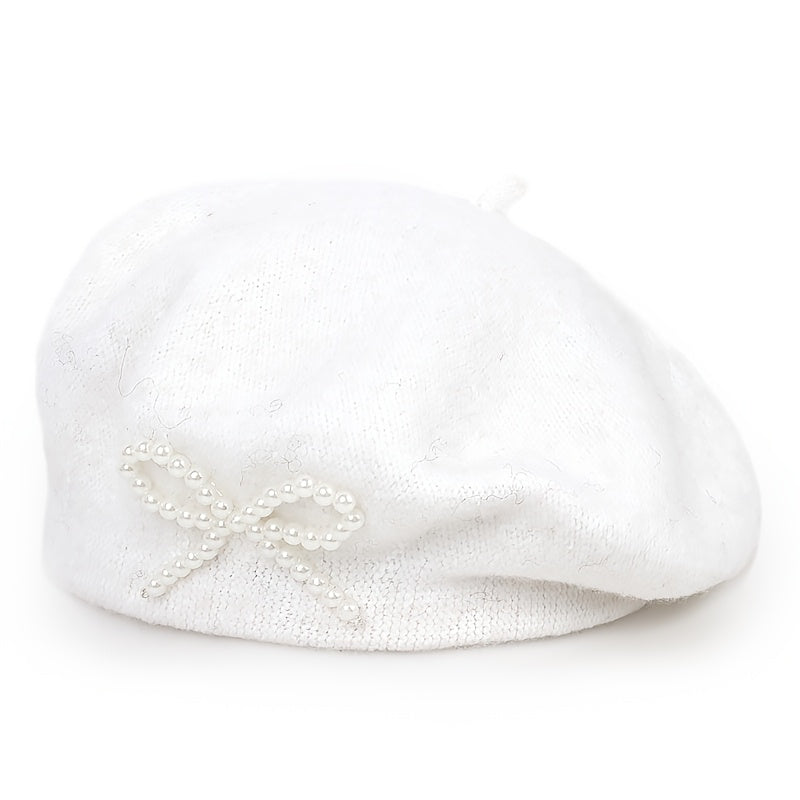 1pc Women's Wool Beret with Pearl Bow - Elegant, Breathable, and Stylish in Multiple Colors (Black, Brown, Gray, Beige, Purple, Pink) for Casual Attire
