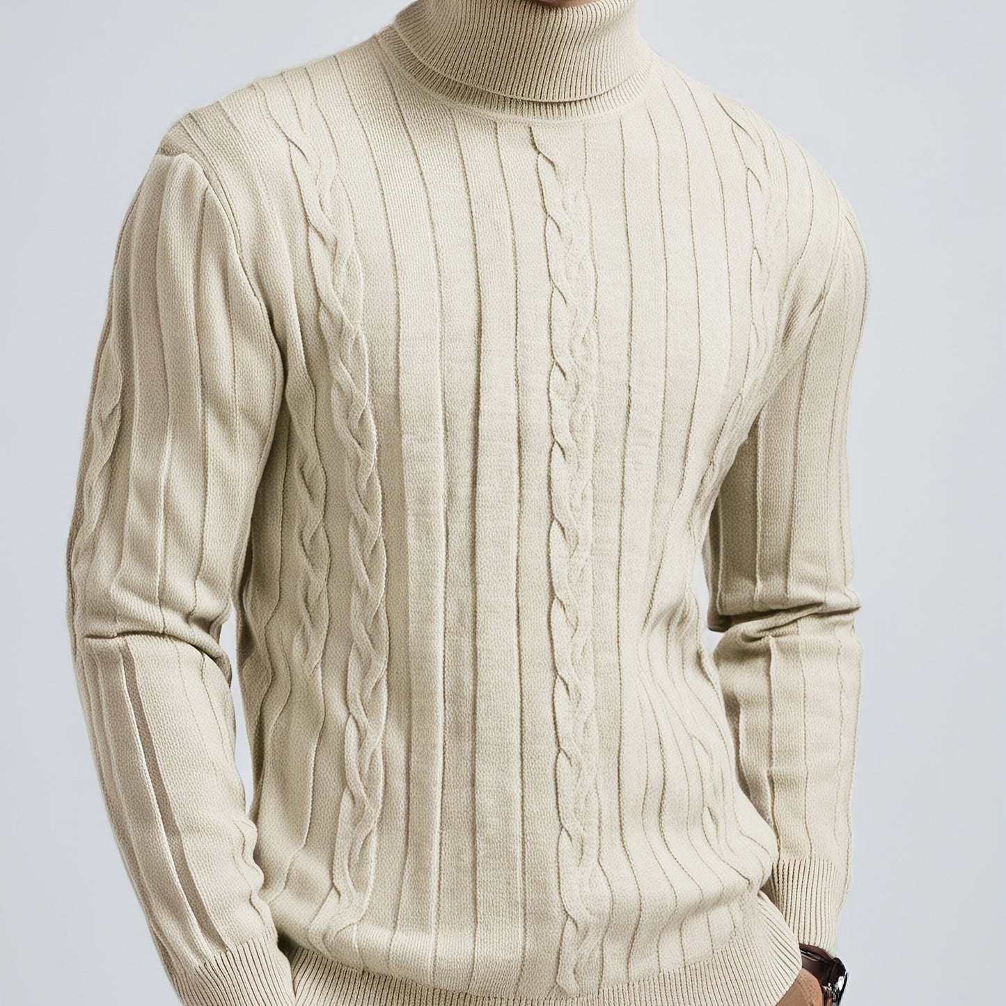 Men's Mature Slim-Fit High-Neck Long-Sleeve Sweater, Casual Ribbed Knit Pullover Solid Color Sweater, Men's Winter Clothing, Men's Sweater, Christmas Sweater, Men's Christmas Sweater, Winter Men's Apparel, New Year's Apparel,