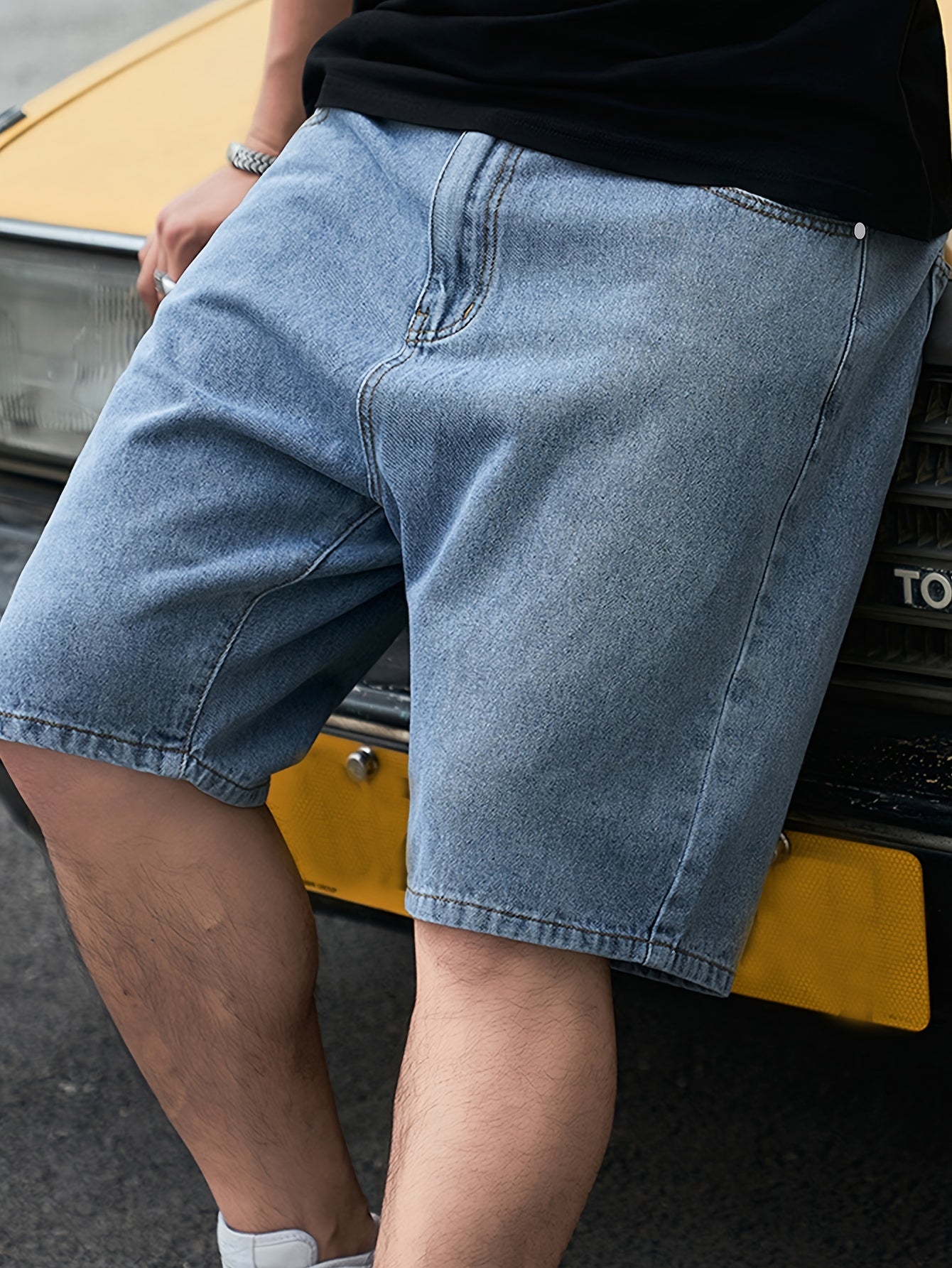 Men's Solid Cotton Blend Loose Fit Denim Jorts, Chic Street Style Summer Bottoms For Men