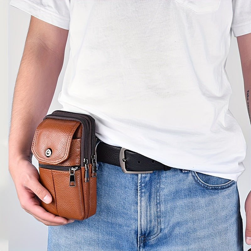 1pc Genuine Leather Cowhide Men's Waist Bag, Multi-Functional Zippered Phone Pouch with Adjustable Strap and Spacious Compartments for Work & Daily Use, Casual Style Top Layer Leather Fanny Pack