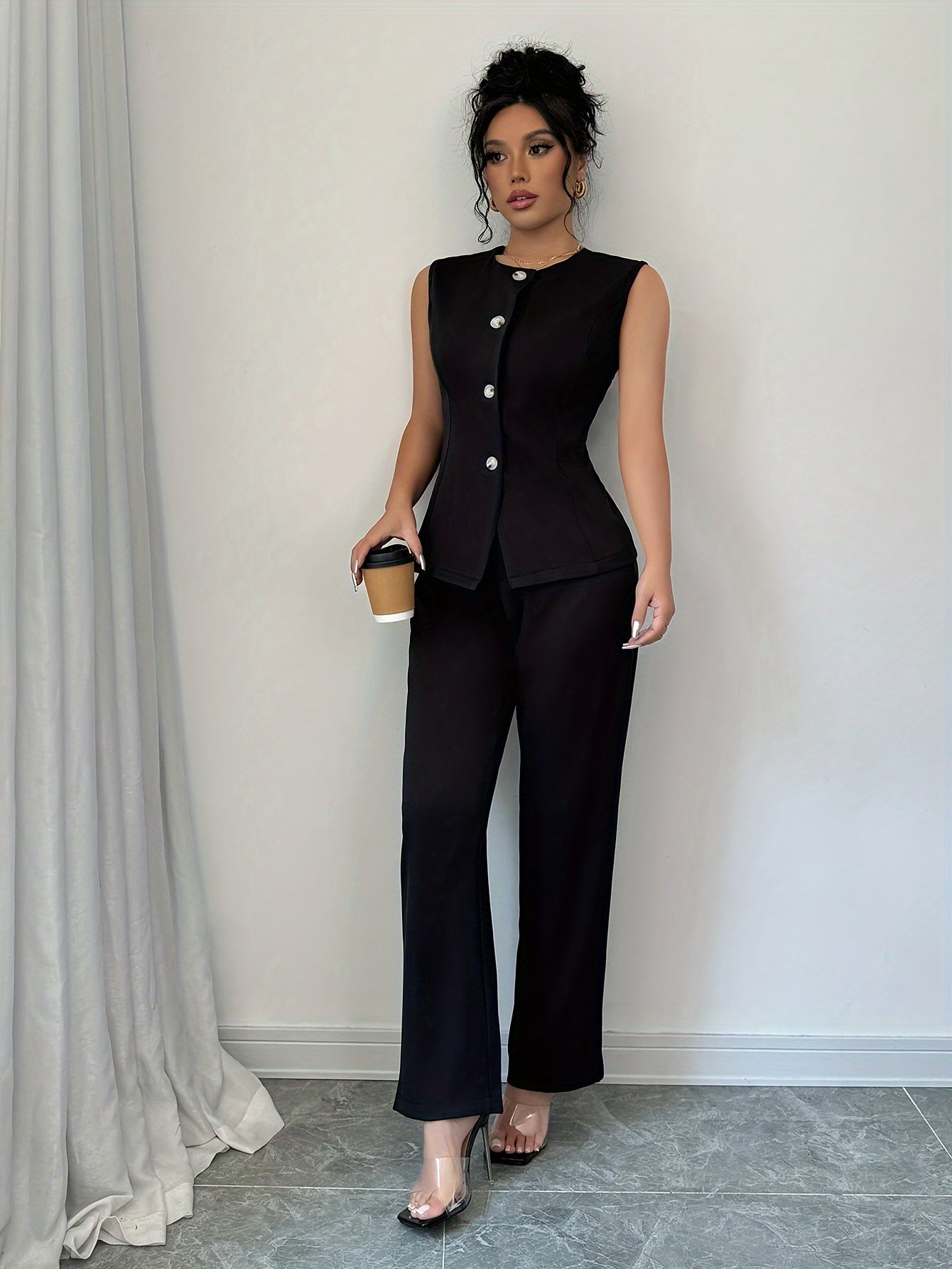 Elegant Crew Neck Pantsuit, Solid Color Sleeveless Suit, Polyester Blend Woven Fabric, Chic Office Wear for Women, for Spring/Fall