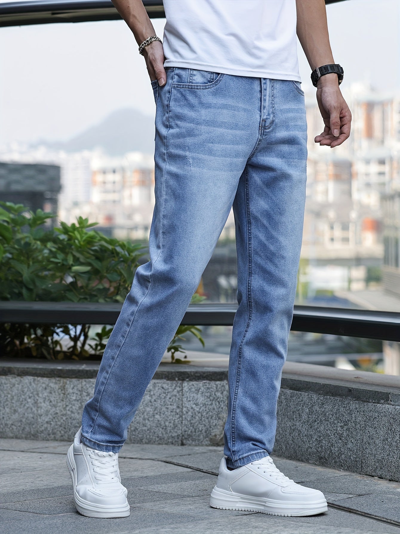 Men's Slim-Fit Stretch Denim Jeans - Casual Street Style, Mid-Rise, Light Blue, Comfortable & Versatile for All Seasons