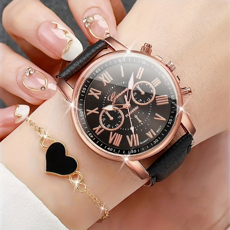 Chic 6pcs Quartz Watch Set with Faux Leather Straps & Heart Charm Bracelets - Perfect Gift for Valentine's, Easter, Birthdays & Christmas