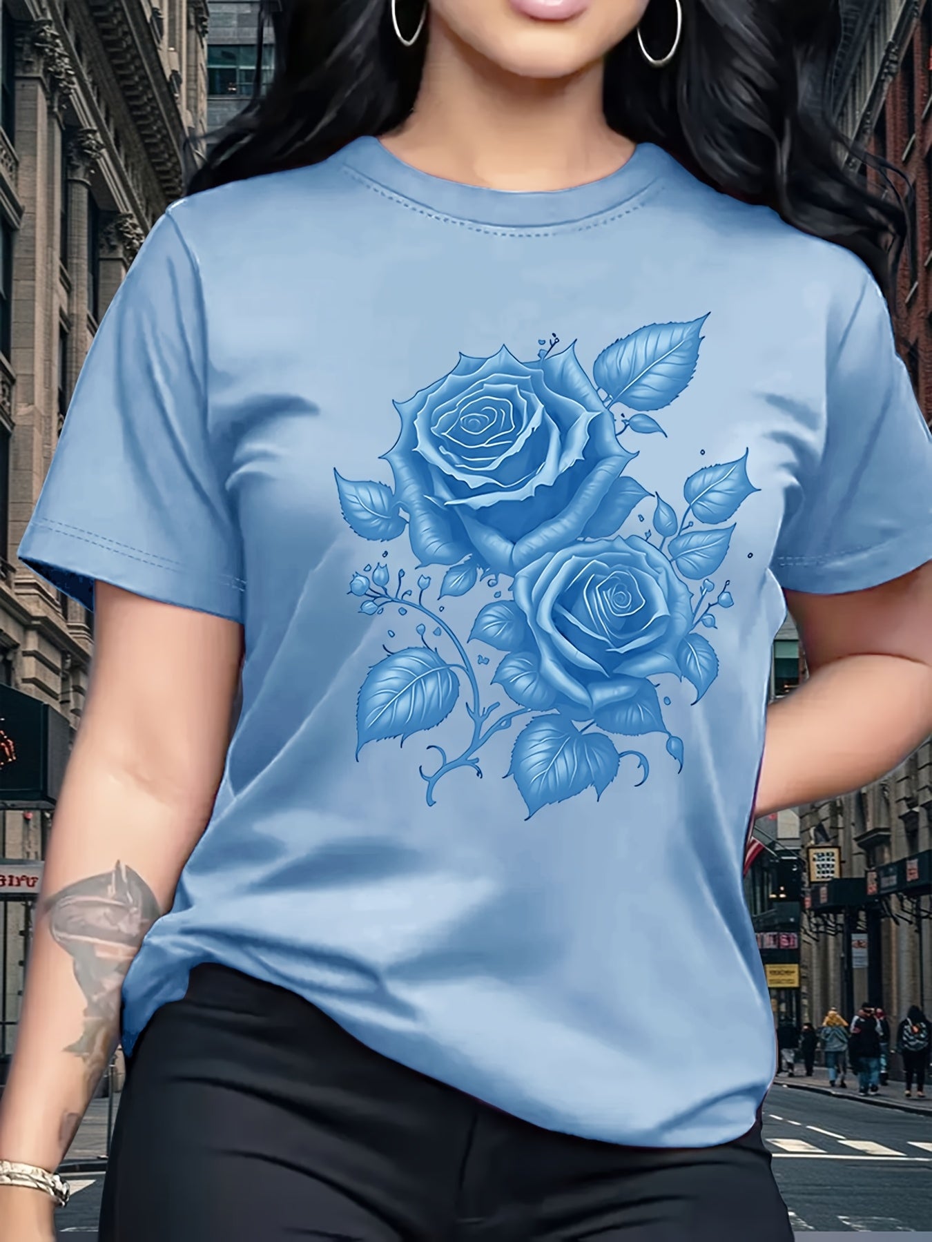Women's Light Blue Yellow Rose Print T-Shirt - Short Sleeve Crew Neck Casual Top with Medium Stretch, Machine Washable & Breathable Fabric for All-Season Comfort, Relaxed Style, Graphic Tee, Stretchy Material, Printed Shirt,