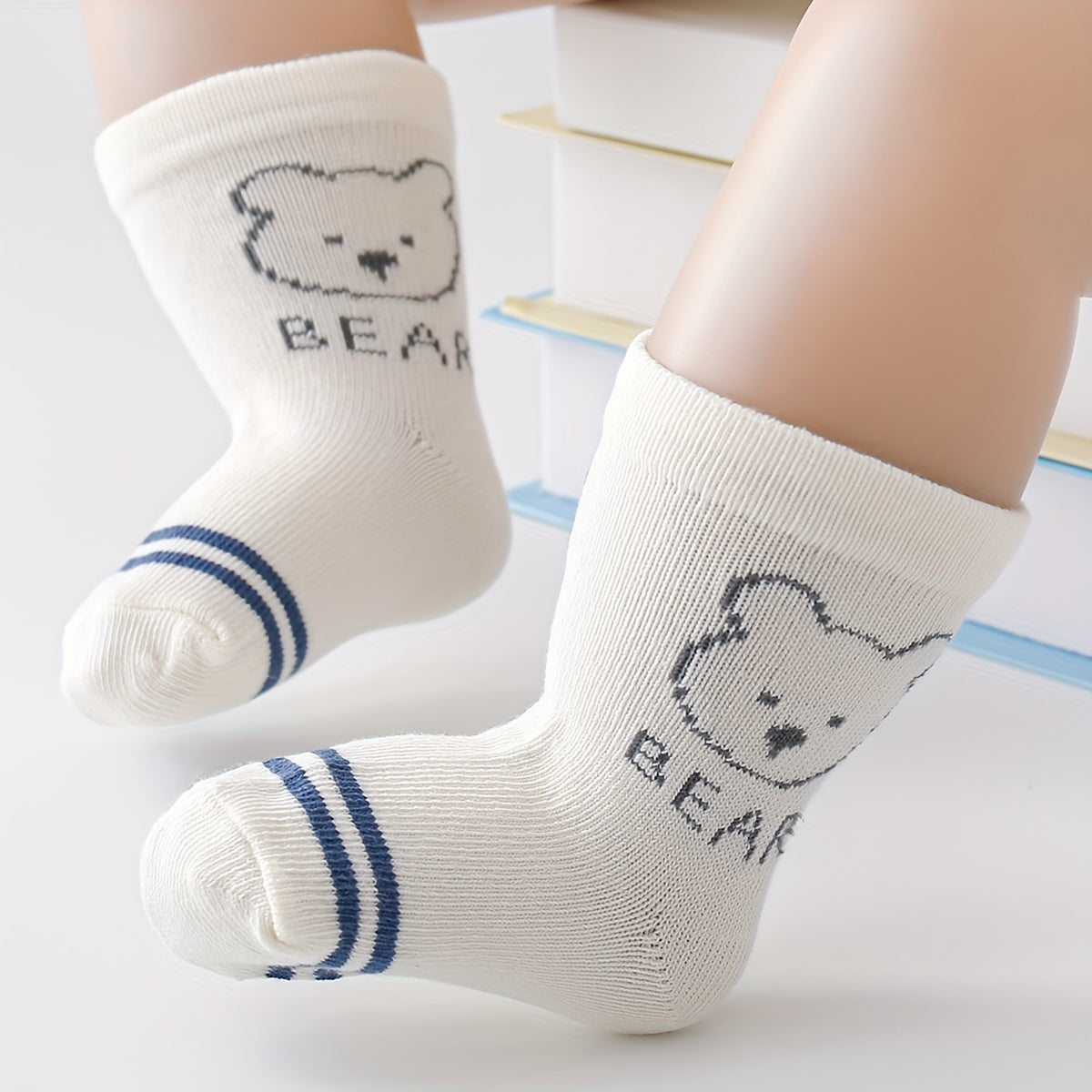 5pairs Cute Bear Footprint Striped Knit Socks, Soft Comfortable Thin Breathable Socks Baby Boys And Girls Accessories