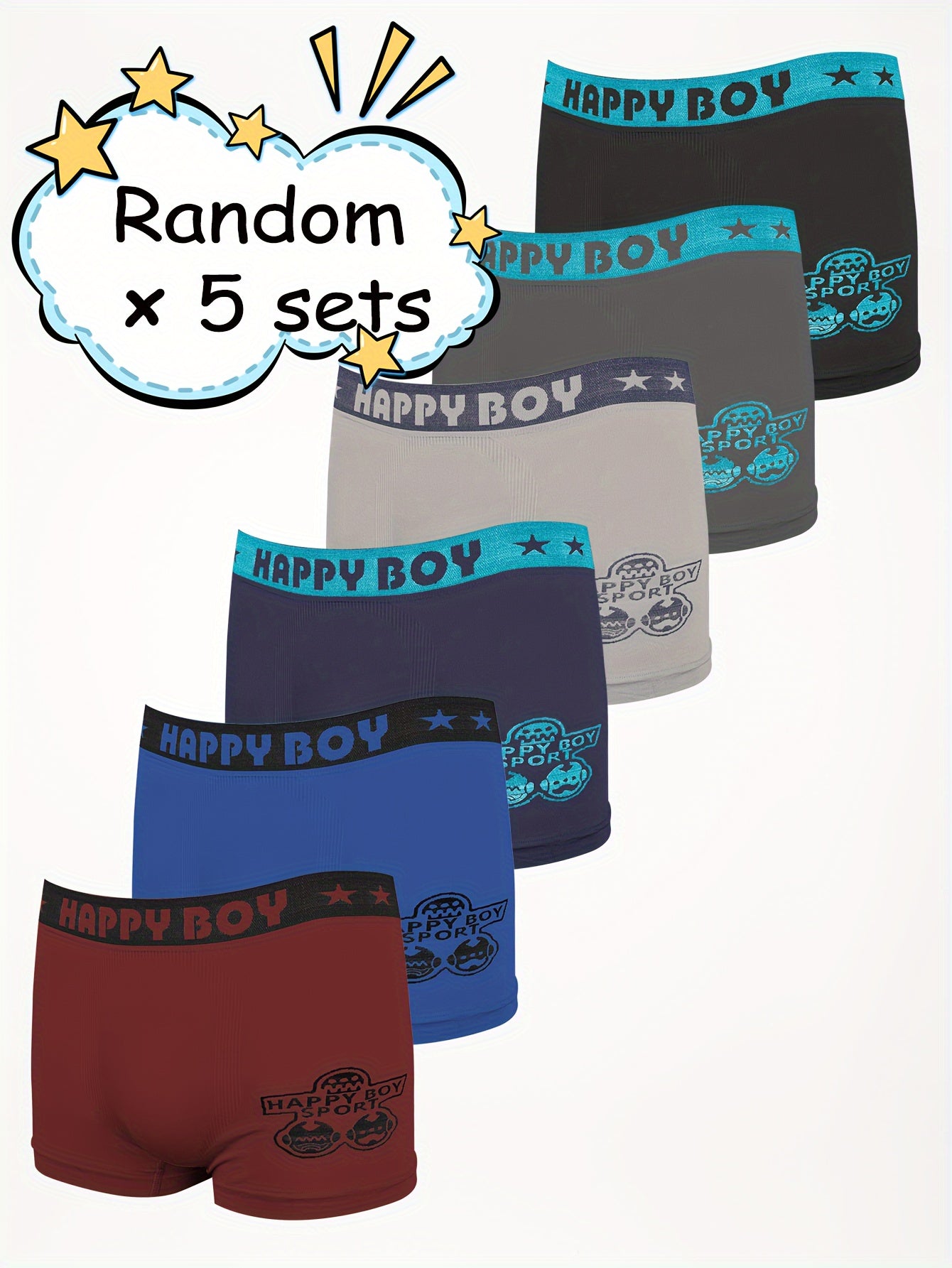 5 փաթեթ SIETE ROSA տղաների ներքնազգեստ, Cartoon Happy Boy Print, 90% պոլիեսթեր 10% Էլաստան, Բարձր ձգվող տրիկոտաժե գործվածք, բոլոր սեզոնային սպորտային ոճ, կանոնավոր կահավորանք, հարմարավետ, ամենօրյա հագուստ