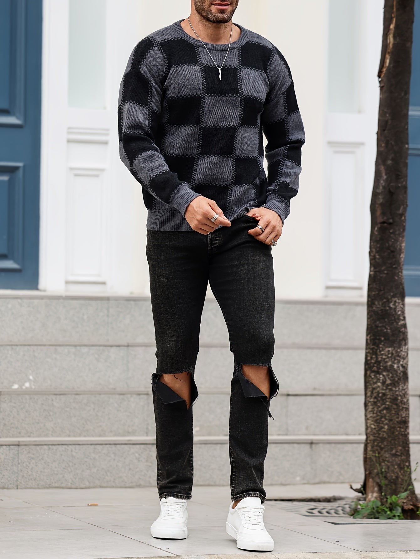 Men's Color Blocking Textured Checked Print Casual Trendy Sweater, Long Sleeve Pullover As Gift For Fall And Winter