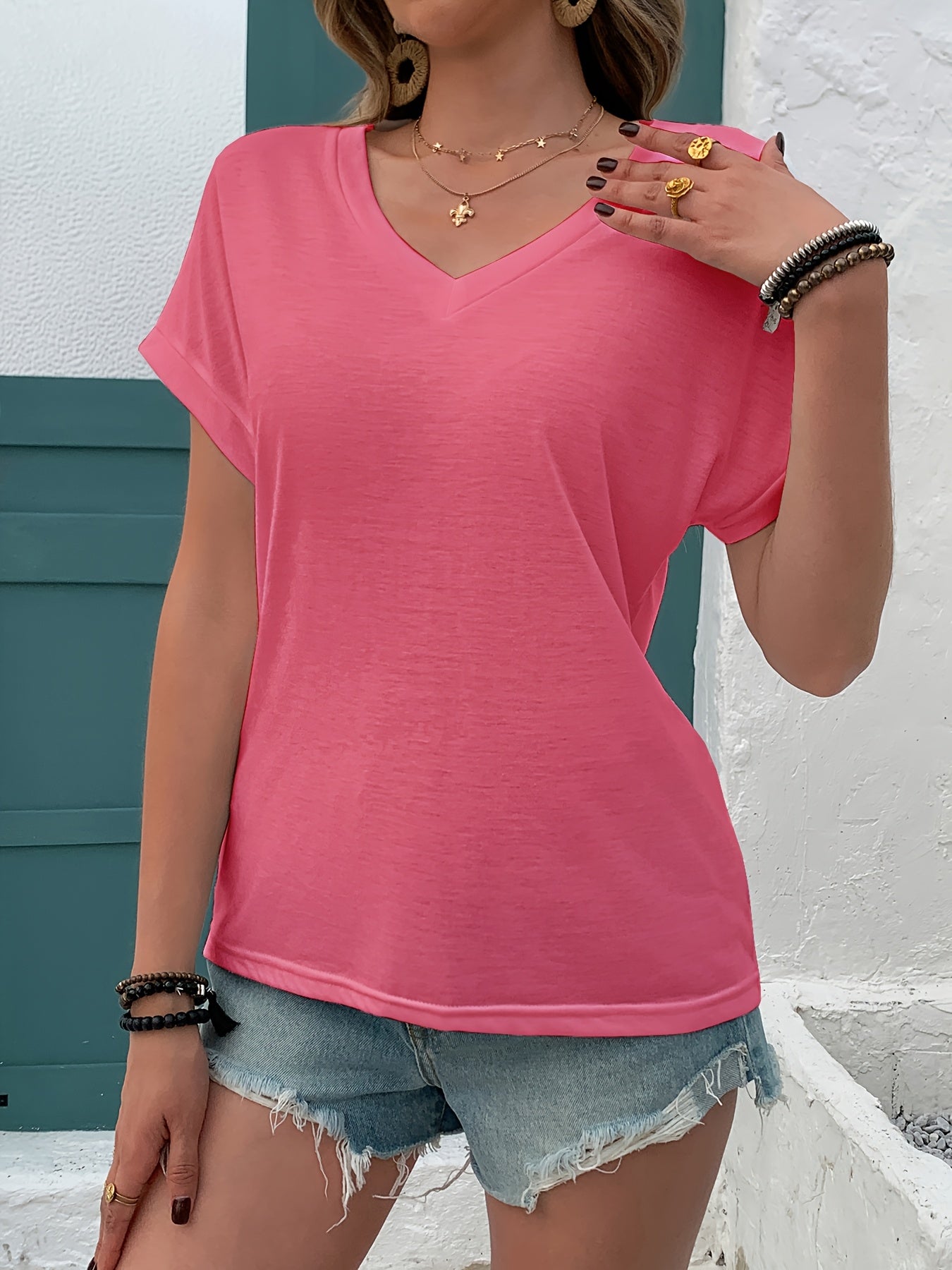 Women's Soft Pink V-Neck T-Shirt - Minimalist Everyday & Formal Tops - Machine Washable Everyday Casual Blouse - Women's Clothing Essentials