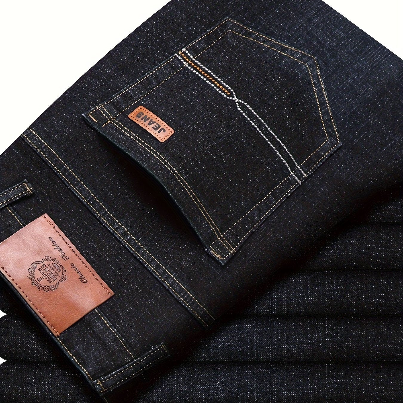Men's Classic Business Casual Jeans - All-Season Black Denim with Patch Detail, Comfort Fit & Versatile Style