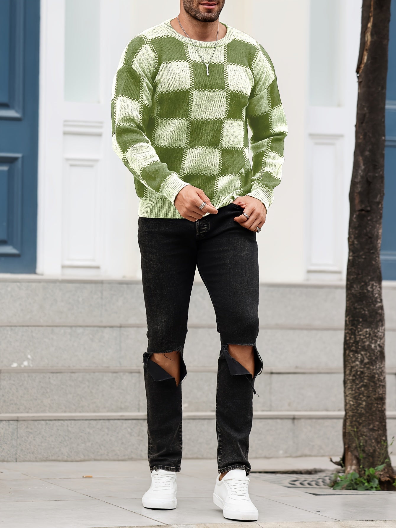 Men's Color Blocking Textured Checked Print Casual Trendy Sweater, Long Sleeve Pullover As Gift For Fall And Winter